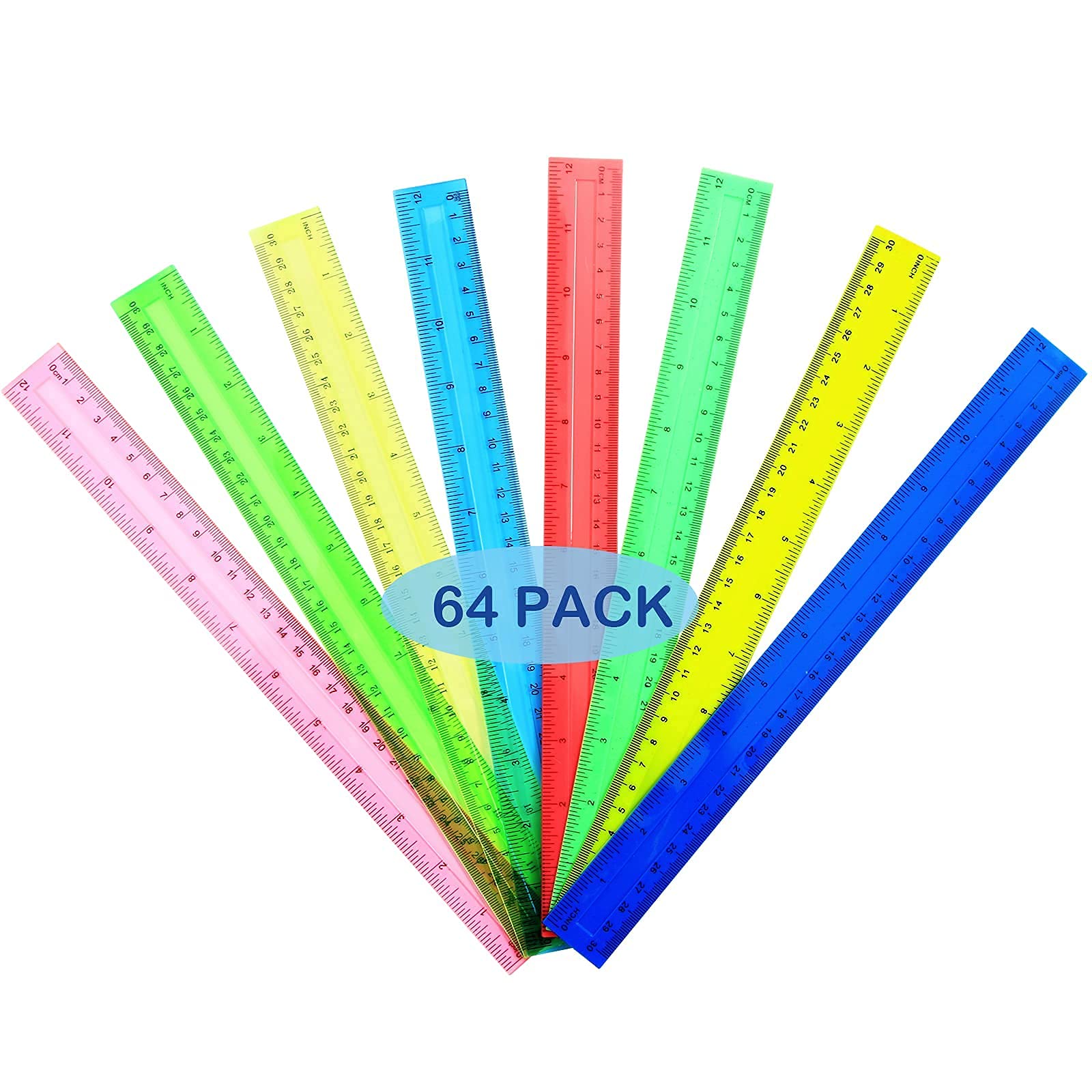 Lydtick 64 Pack Rulers 12 Inch In Bulk, Plastic Rulers For Kids Back To School Supplies Rulers For Office With Centimeters And I