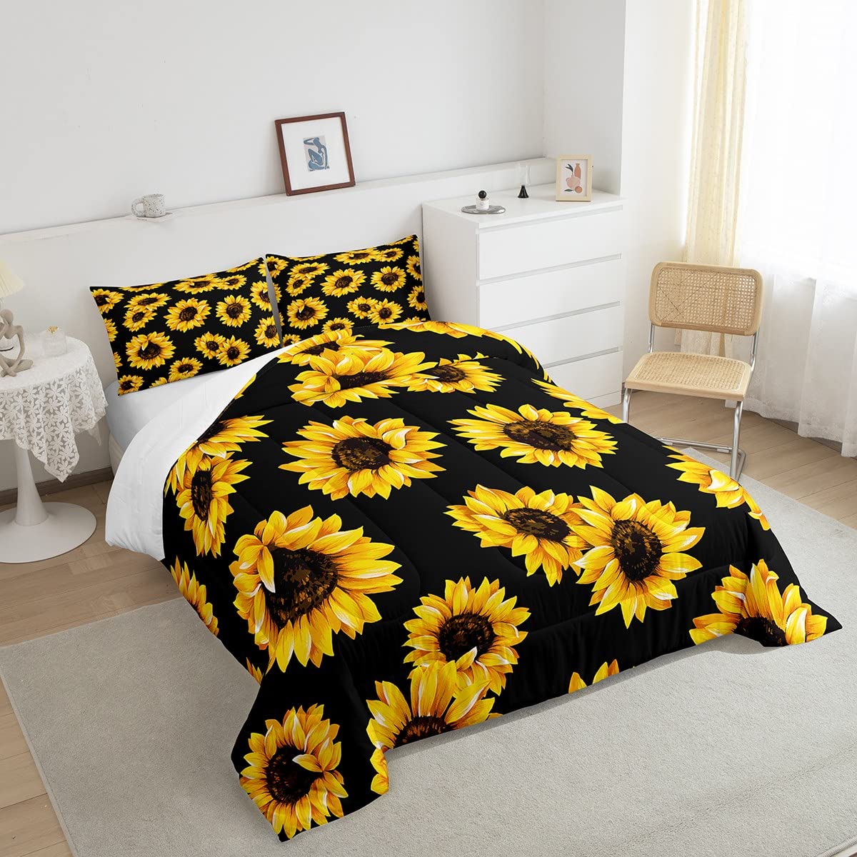 Erosebridal Yellow Sunflowers Bedding Black Yellow Comforter Set Gold Yellow Sunflowers Printed Luxury Black Boys Girls Bedding