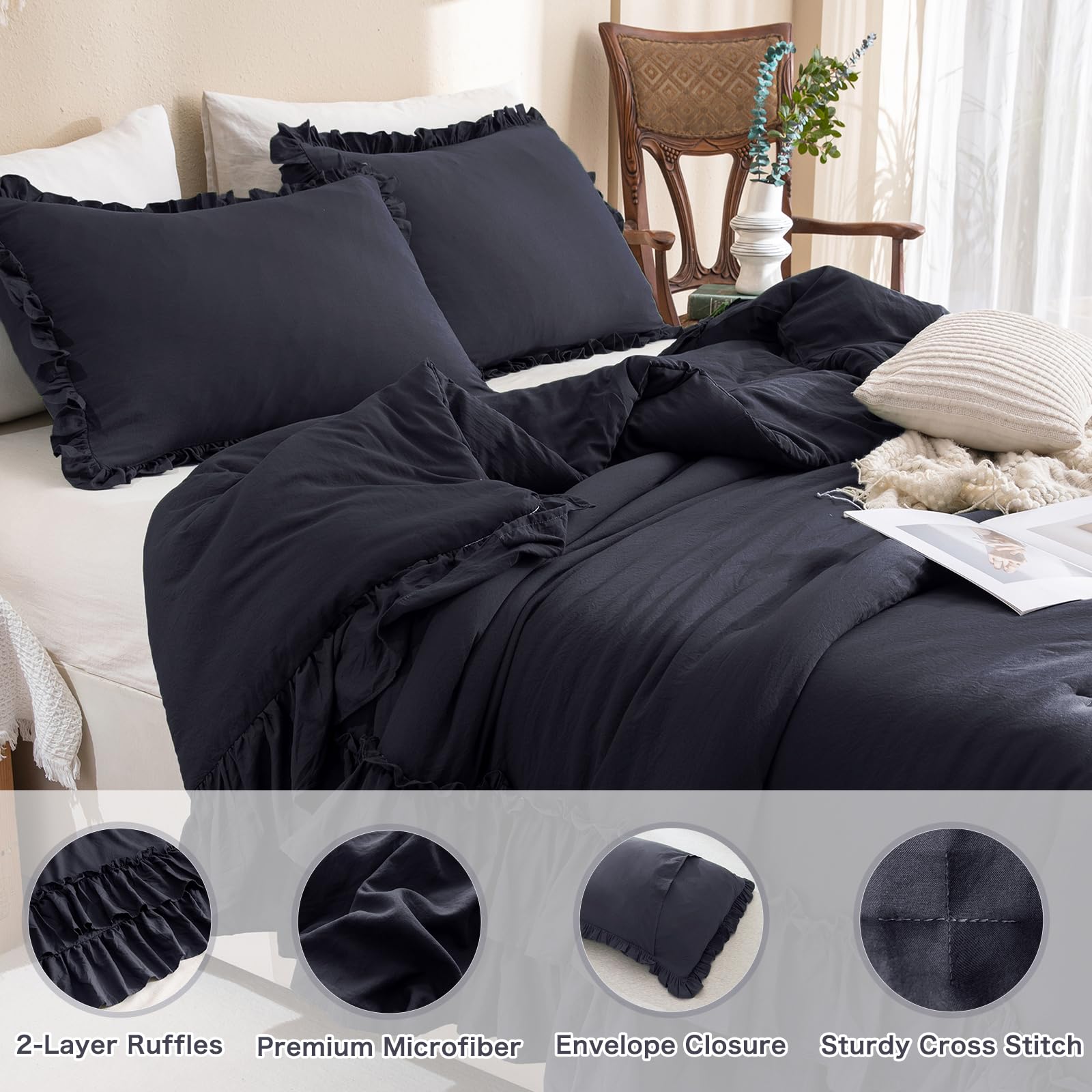 Masaca Shabby Comforter Set Queen,Farmhouse Rustic Microfiber Bedding Ruffled Comforter Set,Vintage Dark Gray Ruffle Comforter F