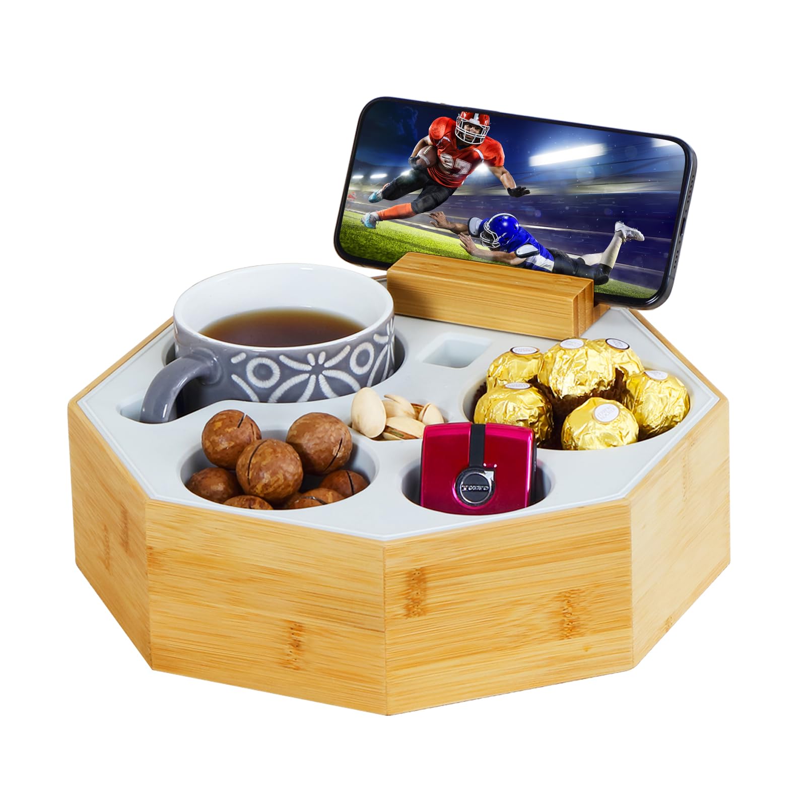 Hitseon Couch Cup Holder Tray, Octagonal Silicone Bamboo Sofa Cup Holder with Rotatable Phone Holder for Bed RV Car, Waterproof 