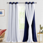 Hiasan Navy Blue Blackout Curtains with White Sheer Overlay, Mix & Match Double Layer Thermal Insulated Grommet Window Curtains 