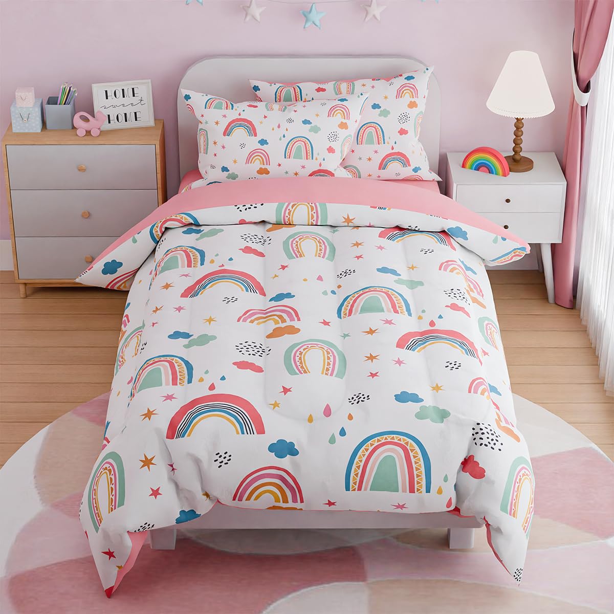 Sandjest Rainbow Twin Bedding Set For Girls, Ultra Soft Microfiber Comforter Set Twin Size With 3-Pieces For Kids Teen, Bed Set