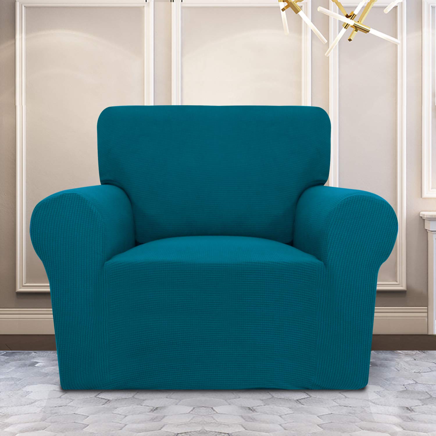 Purefit Stretch Chair Sofa Slipcover – Spandex Jacquard Non Slip Soft Couch Sofa Cover, Washable Furniture Protector With Non Skid Foam And Elastic Bottom For Kids (Chair, Peacock Blue)