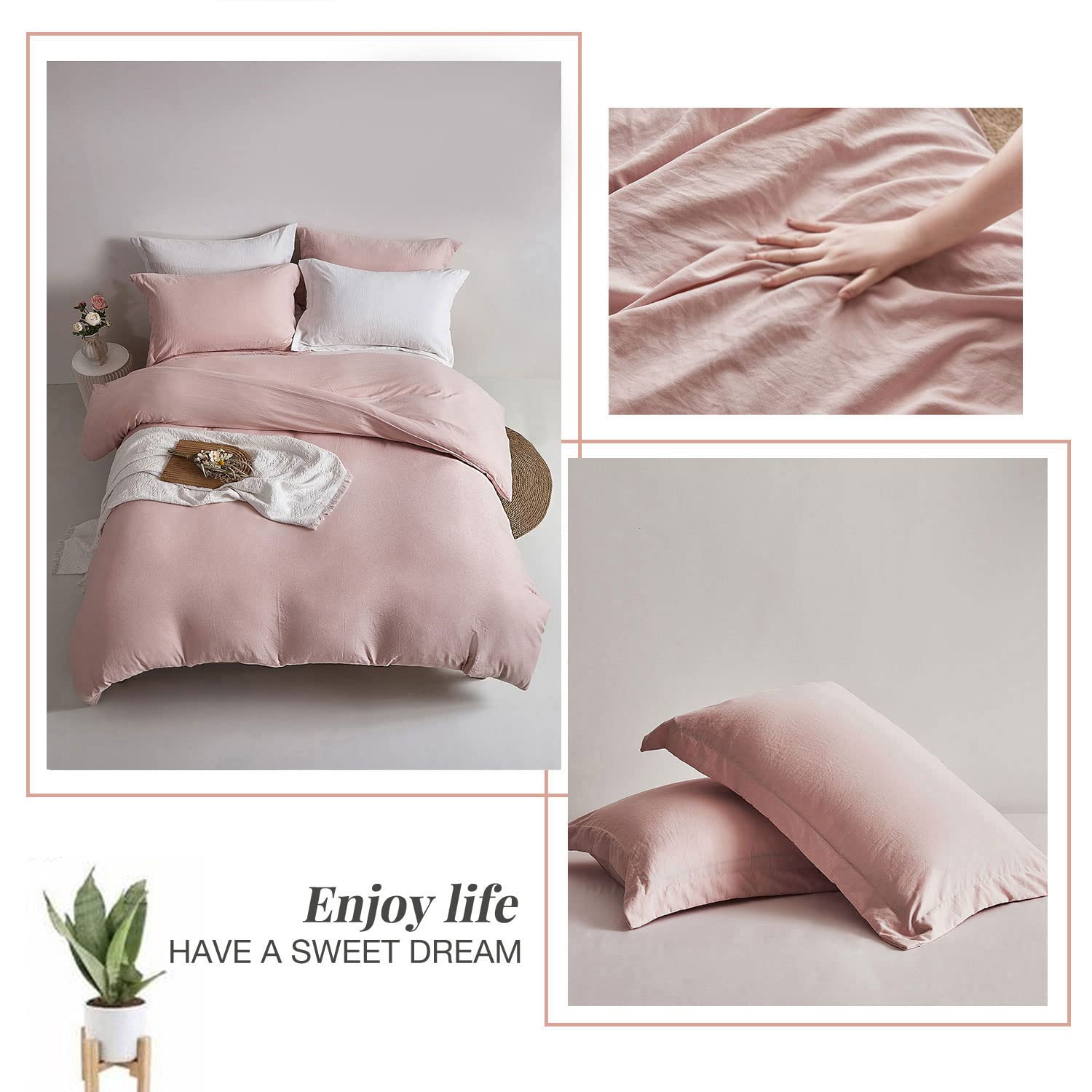 Mildly Super Soft Duvet Cover - 100% Washed Microfiber Pink Comforter Cover Set 3 Pieces With Zipper Closure & Corner Ties (No C
