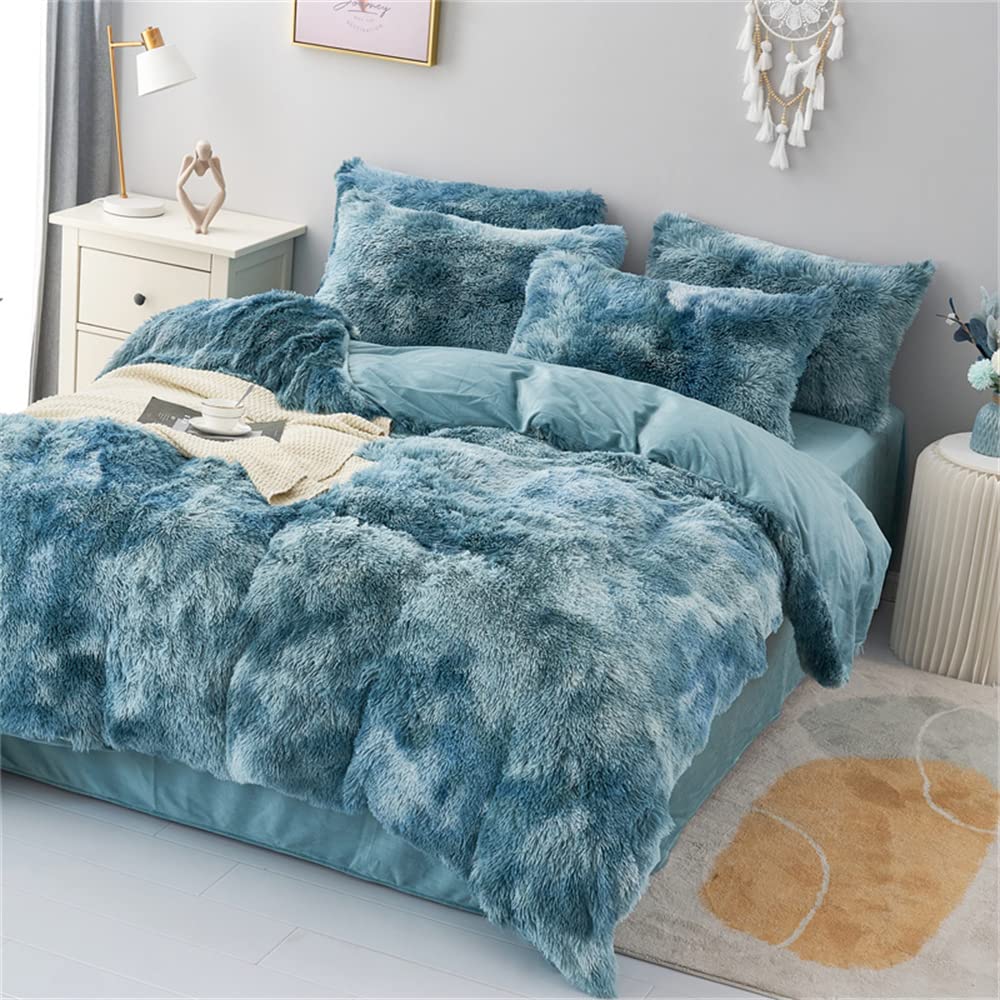 Chovy Faux Fur Plush Tie-Dyed Blue White Comforter Set Twin/Full Size - Ultra Soft Shaggy Flannel Velvet Fluffy Fuzzy 3Pc Beddin