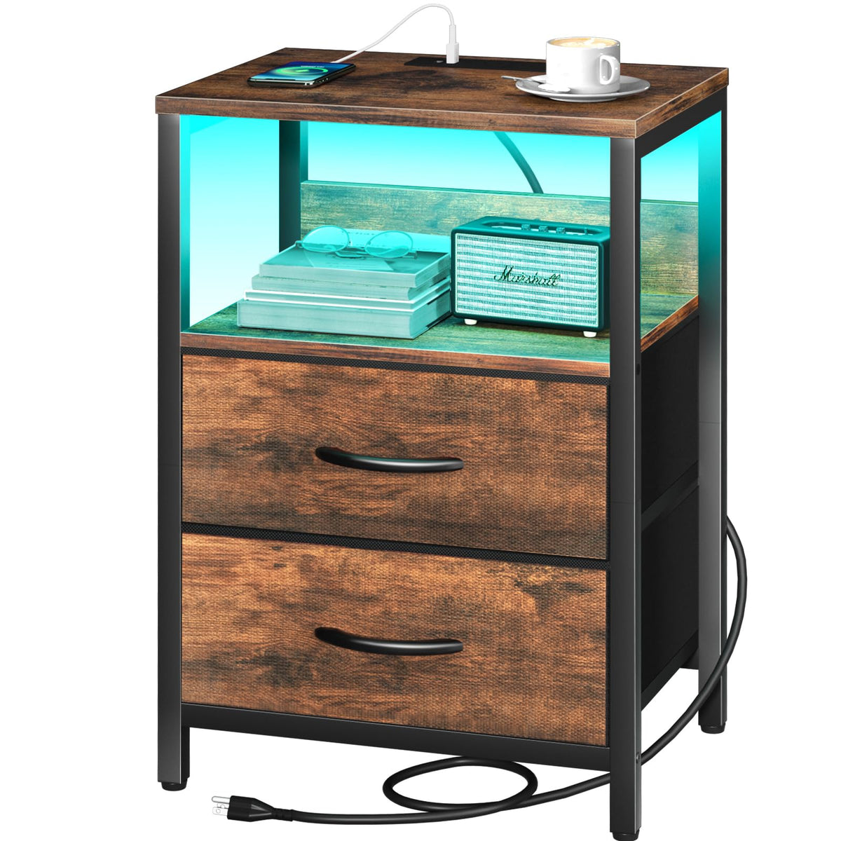 Yoobure Nightstand With Charging Station, Led Night Stand With Fabric Drawers And Storage Shelf For Bedroom, Nightstands Bedside Tables With Usb Ports & Outlets, Small Night Stands, Bed Side Table