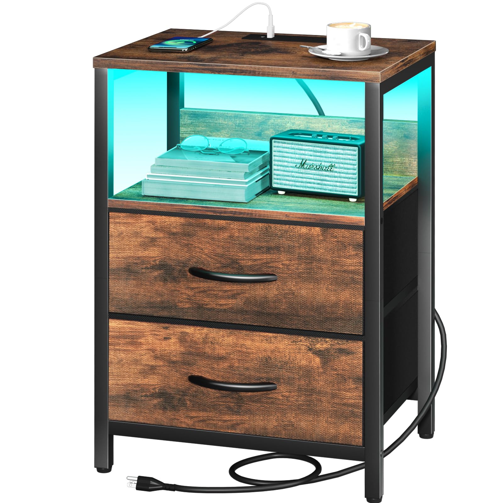 Yoobure Nightstand With Charging Station, Led Night Stand With Fabric Drawers And Storage Shelf For Bedroom, Nightstands Bedside Tables With Usb Ports & Outlets, Small Night Stands, Bed Side Table