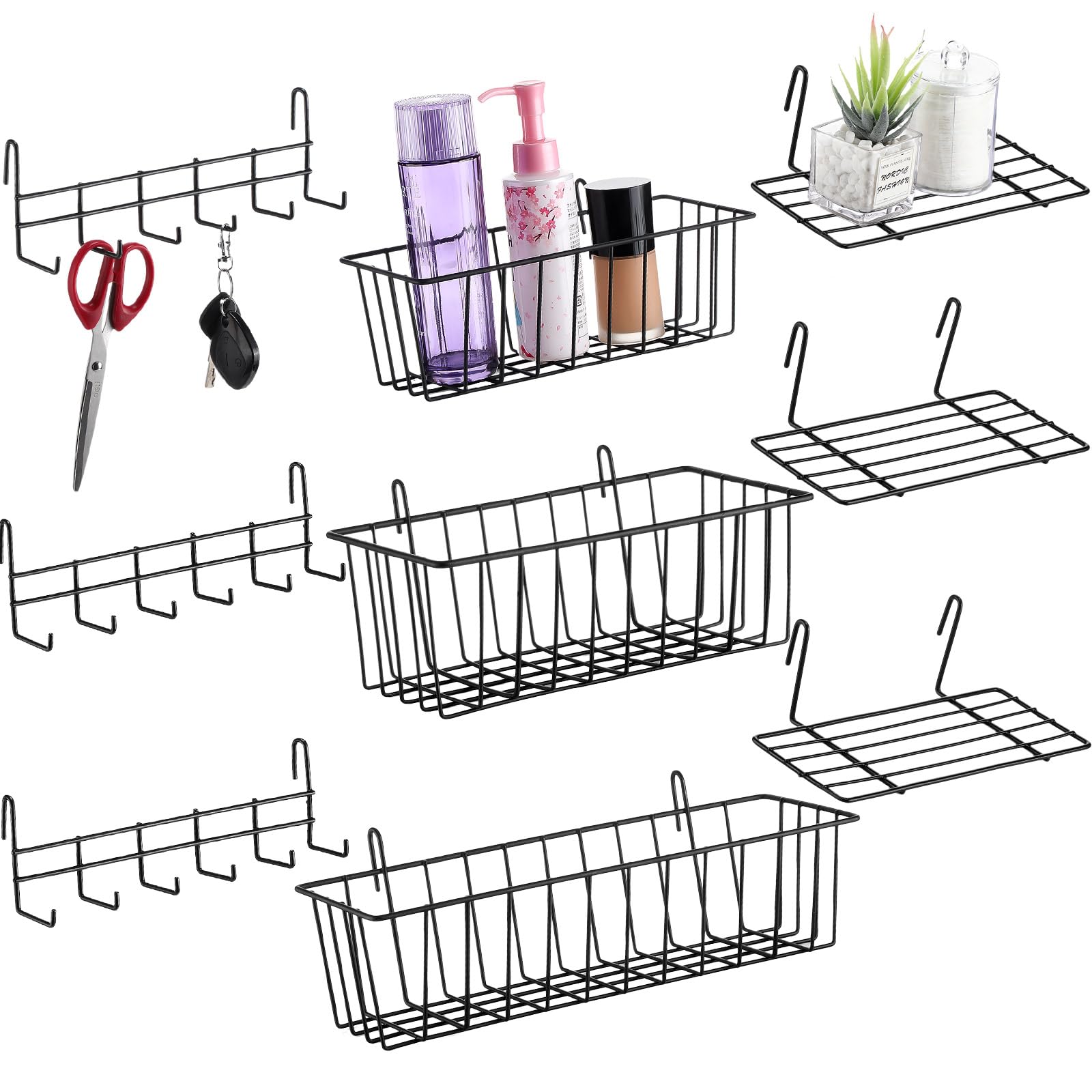 Fumete 9 Pcs Hanging Wire Basket Grid Wall Accessories Hanging Shelf Set Includes 3 Pcs Grid Wall Basket 3 Pcs Wire Straight She