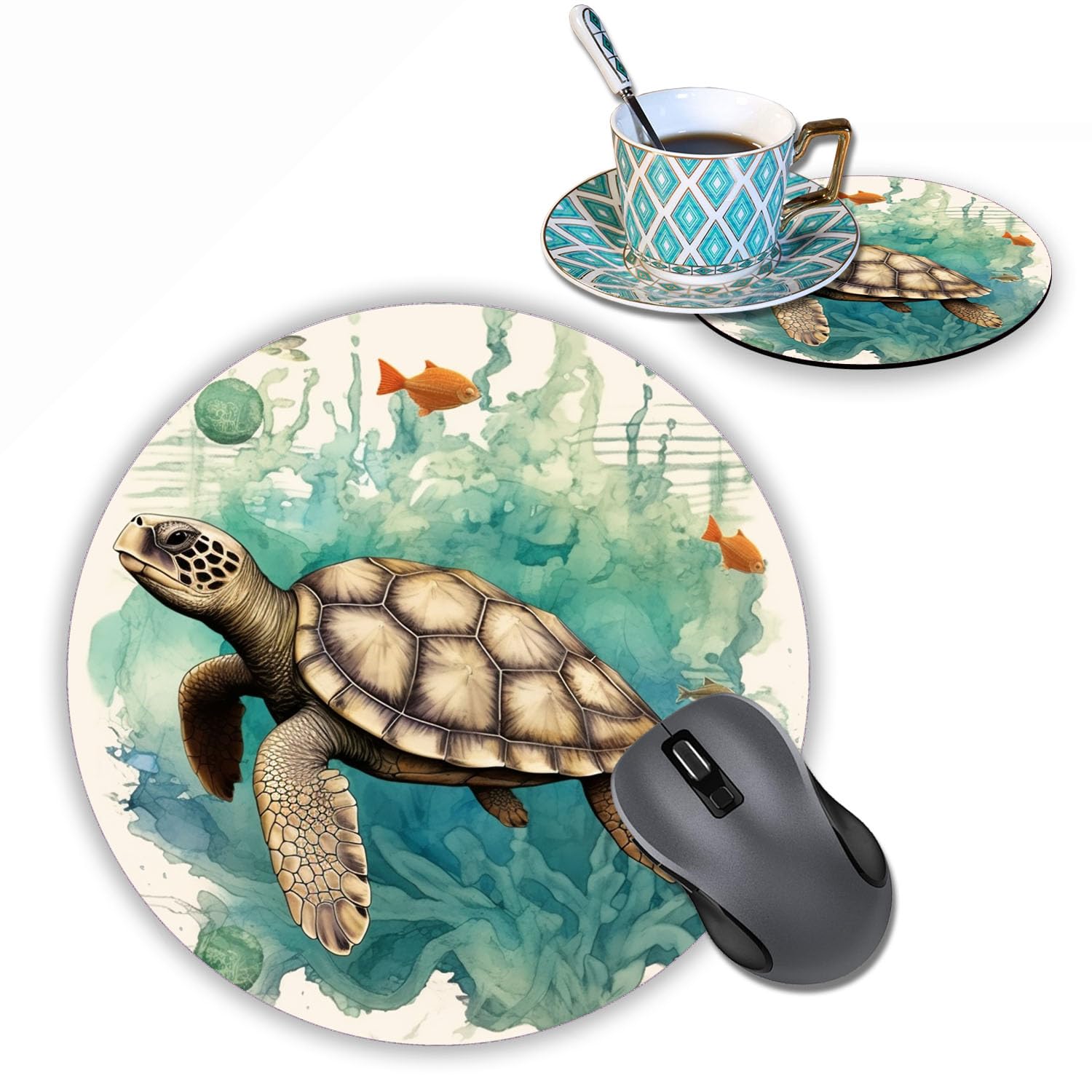 Loworo Round Mouse Pad With Coasters Set, Turtle World Map Design Mouse Pad Non-Slip Rubber Mousepad Office Accessories Desk Dec