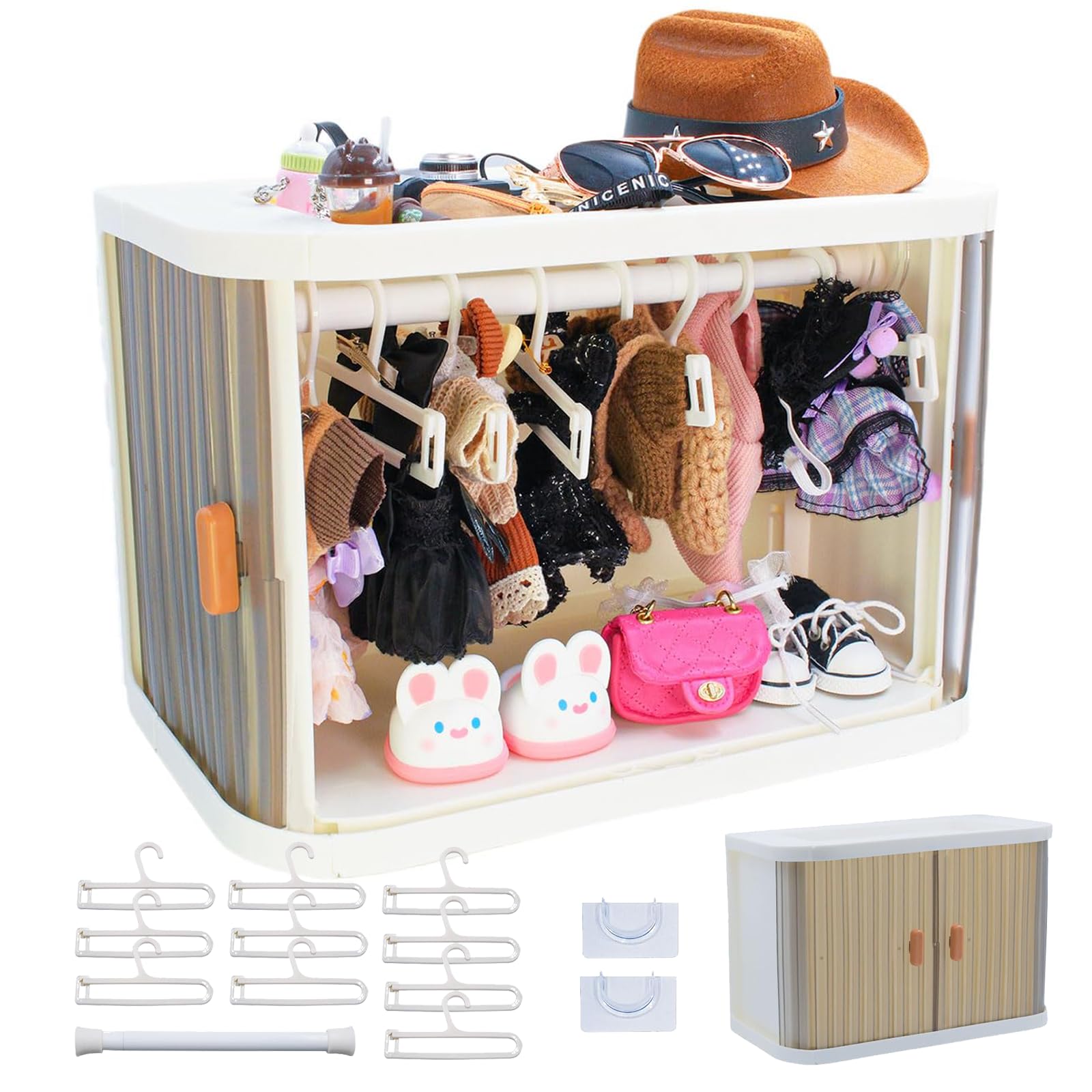 Foldable Doll Wardrobe Storage Box Compatible with Labubu Clothes with 10 Hangers & Rod - Stackable Organizer Cabinet for 15/17c