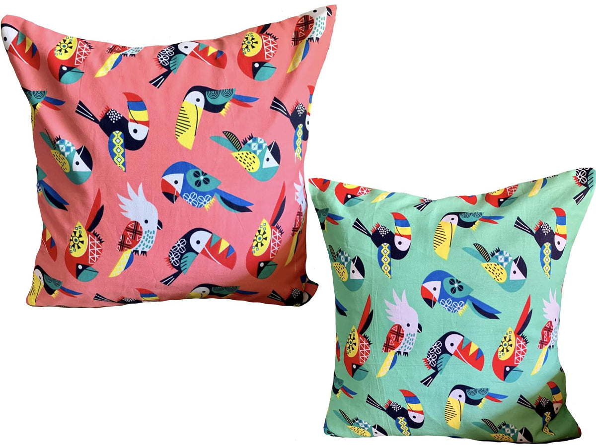 Pilovilo Set Of 2 Kids Cushion Cover Cotton Birds Print In Peach And Green Size 16X16 (Birds Peach Green Set Of 2)