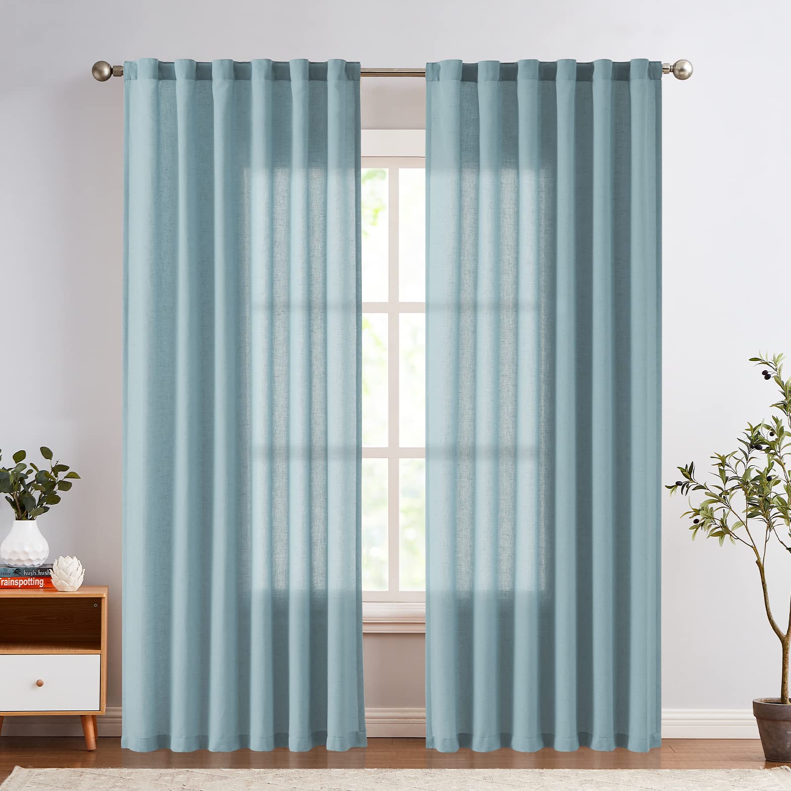 Jinchan Linen Curtains 96 Inches Long For Living Room Farmhouse Rod Pocket Back Tab Light Filtering Window Drapes For Bedroom 50X96 Blue 2 Panels