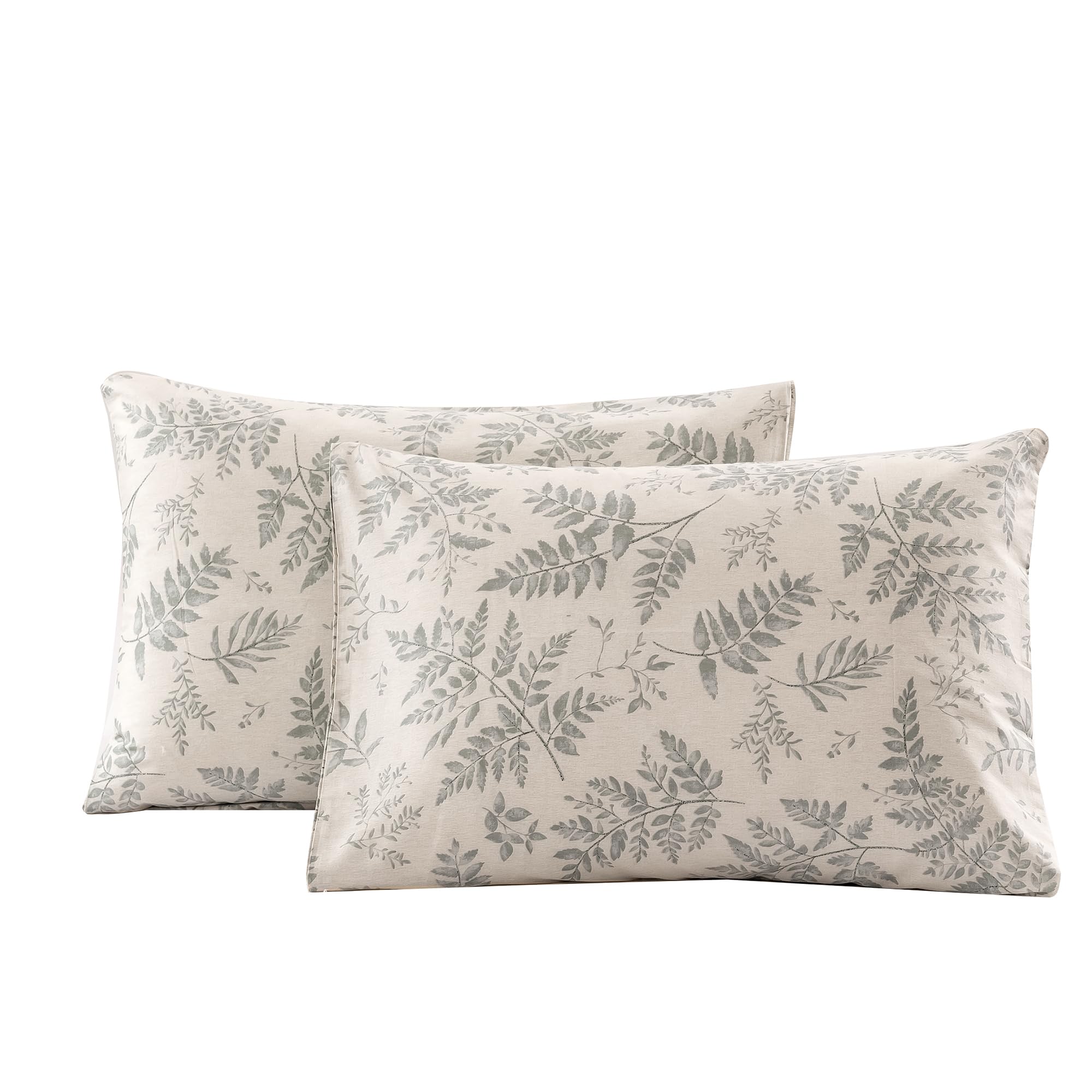 Ecocott 2 Pack Pillowcase Queen Size With Green Botanical Plant Leaves Pattern Pillow Cases Set, 100% Cotton Queen Pillow Covers