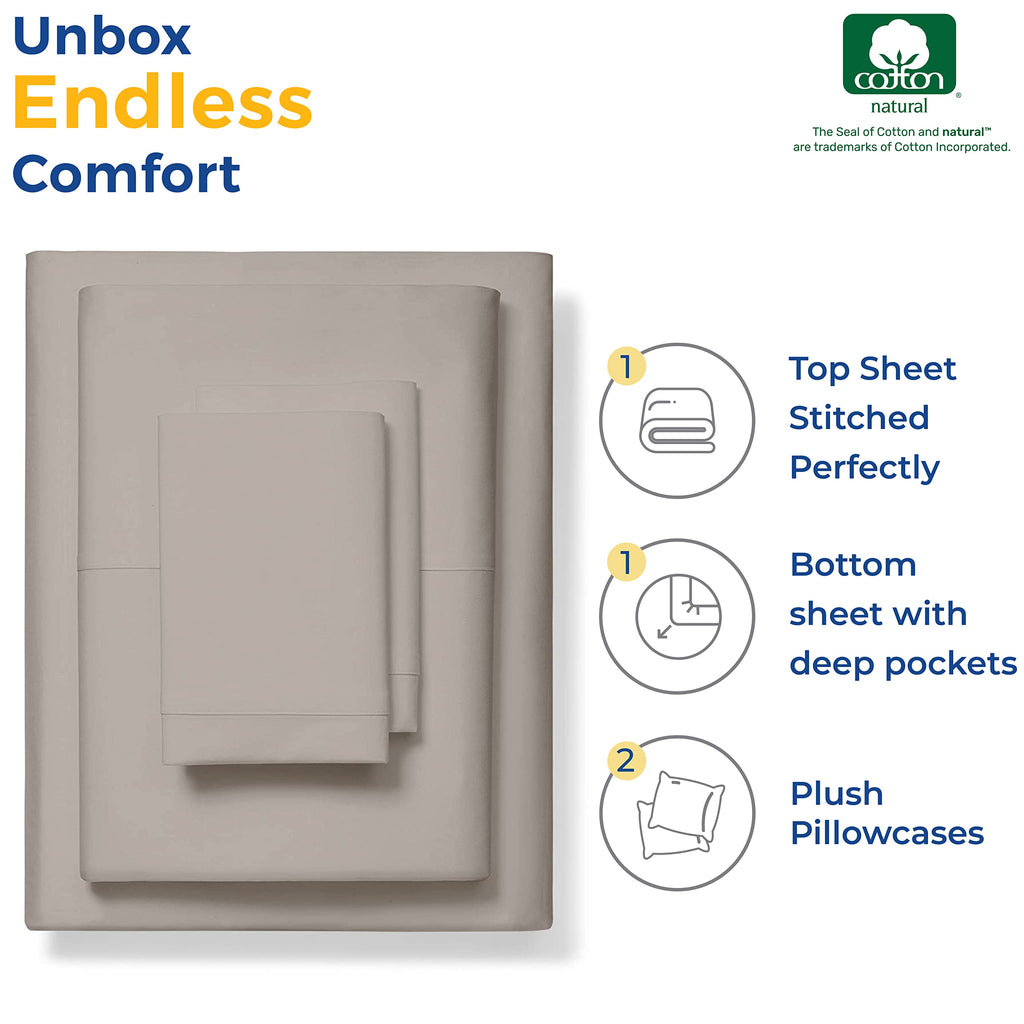 Thread Spread Luxury Sheets 600 Thread Count - Egyptian Cotton Quality Twin Size Sheet Set - Deep Pocket Fitted Bedding Sheets & Pillowcases - 3 Pc Breathable - Taupe Sheets For Boys & Girls