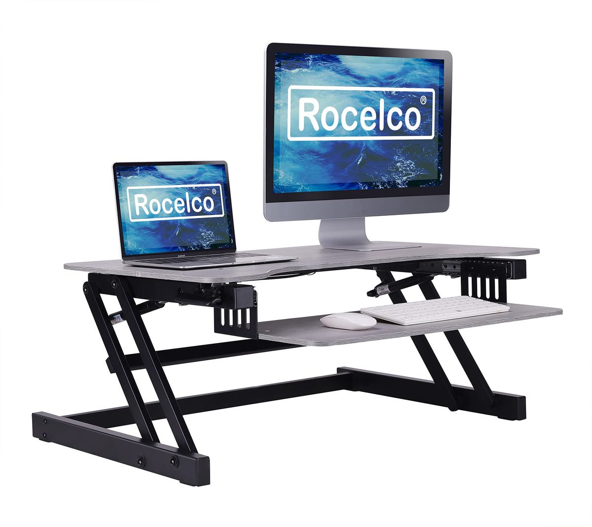 Rocelco 37.5&quot; Deluxe Height Adjustable Standing Desk Converter - Quick Sit Stand Up Dual Monitor Riser - Gas Spring Assist Computer Workstation - Large Retractable Keyboard Tray - Gray (R DADRG)