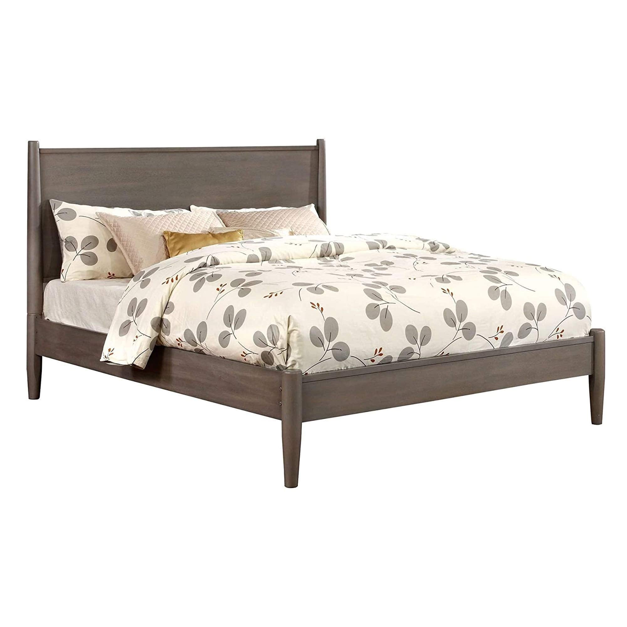 Benjara Mid Century Modern Wood Queen Bed With Round Tapered Legs, Gray
