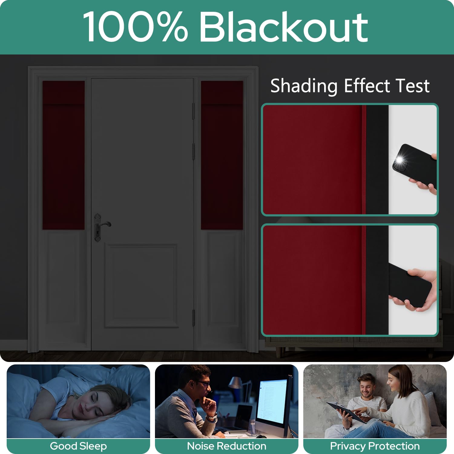 Homeideas 100% Blackout Sidelight Curtains For Front Door, Side Door Window Curtains, Front Door Curtains For Small Window, Thermal Insulated Door Window Covering, (1 Panel, W10 X L38, Burgundy)