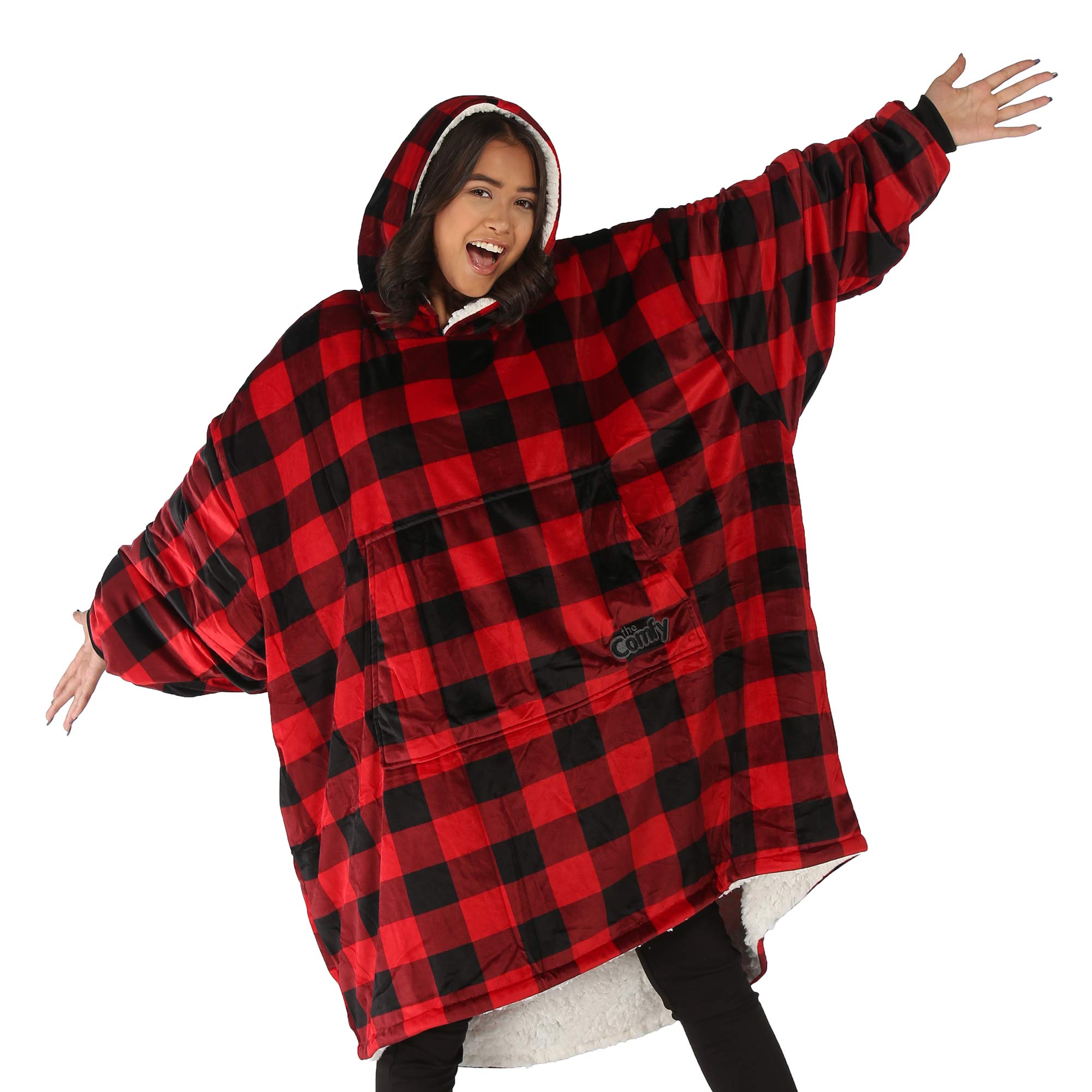 The Comfy Original | Oversized Microfiber & Sherpa Wearable Blanket, Seen On Shark Tank, One Size Fits All (Red, Black)