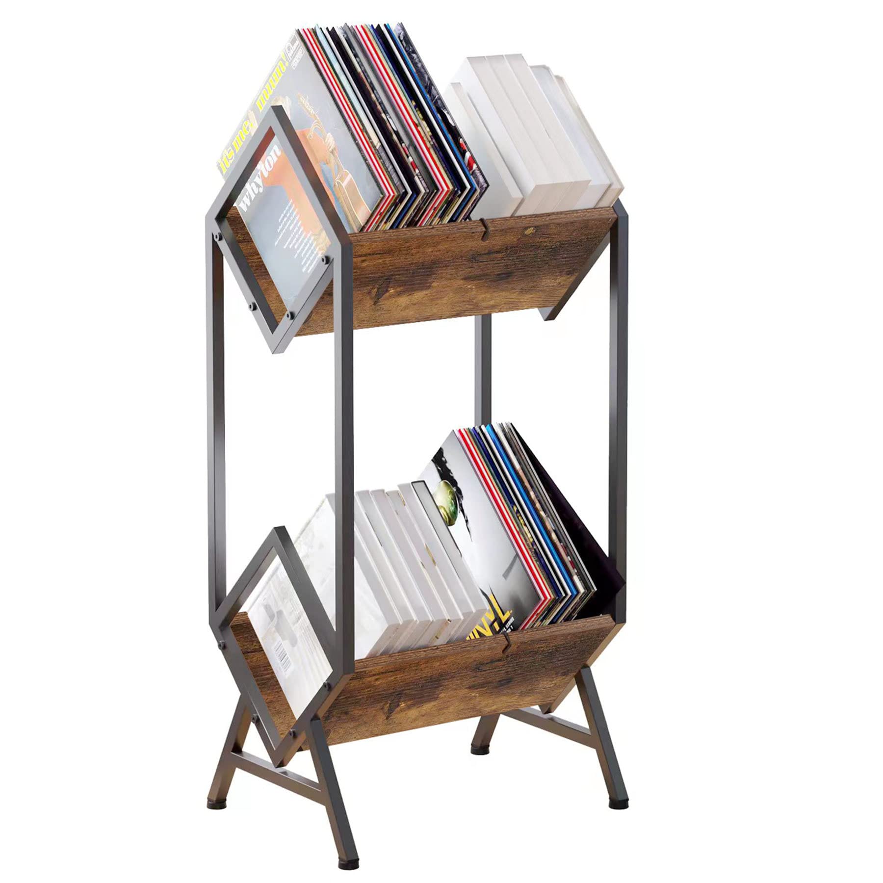 VonDream 2-Tier Vinyl Record Storage, Metal Vinyl Record Holder for 160-200 LP Storage, Vintage Design Record Shelf for Albums B
