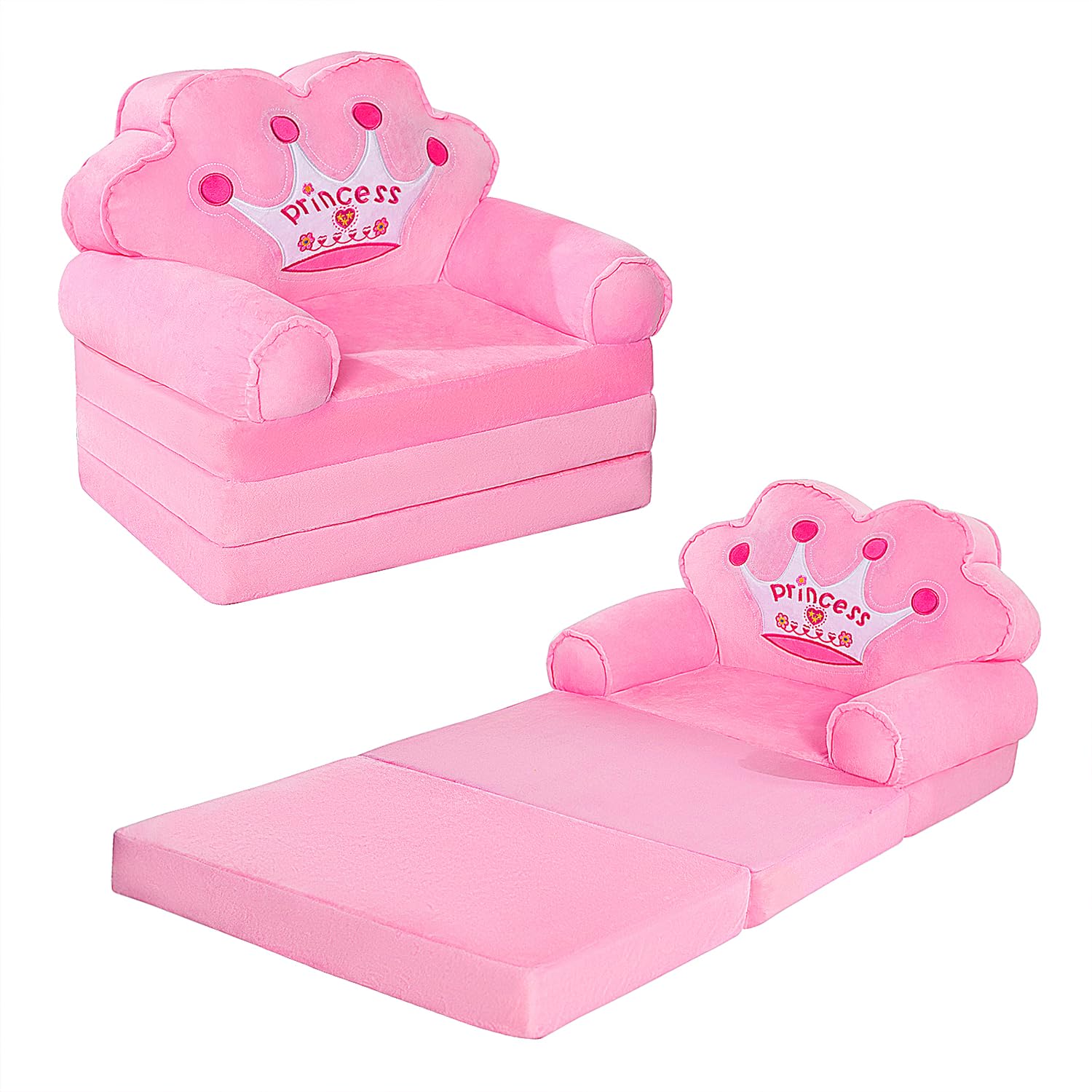 MOONBEEKI Kids Foldable Sofa Bed, Princess Chair for Toddlers 1-3, Pink Cartoon Shape, High Density Foam, Fold Out Couch for Bed
