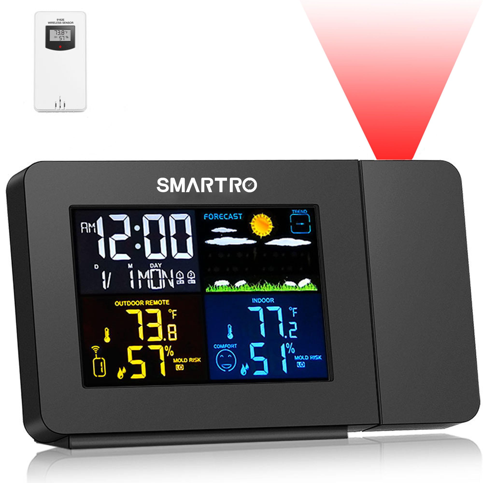 SMARTRO SC91 Projection Alarm Clock for Bedrooms with Weather Station, Wireless Indoor Outdoor Thermometer, Temperature Humidity