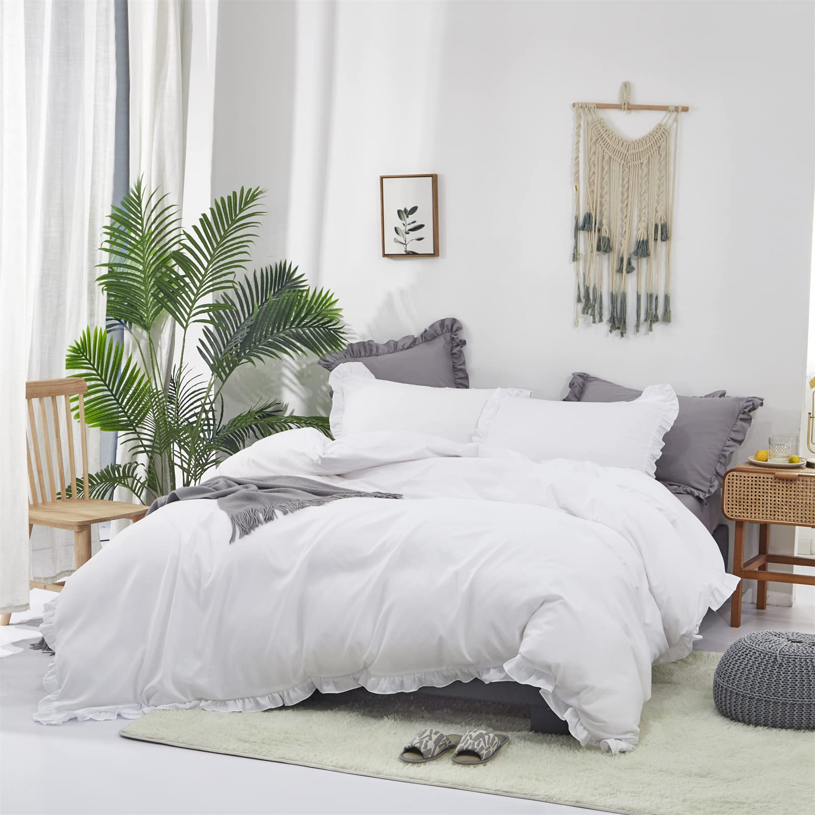 Luxlovery White Ruffle Comforter Set California King Farmhouse Boho Bedding Comforter Set Plain White Shabby Chic Solid Cotton B