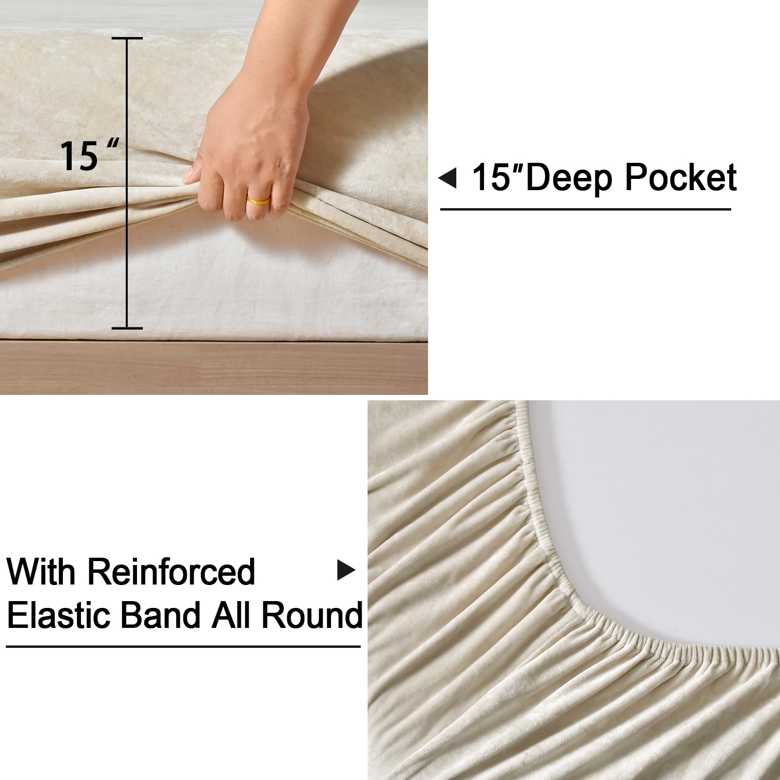 Phf Truly Velvet Fitted Sheet Only King Size, Luxury Super Soft Cozy Comfy Fleece Bottom With 15' Deep Pocket, Suitable For Fall Winter And Spring, No Pillowcases, Sand