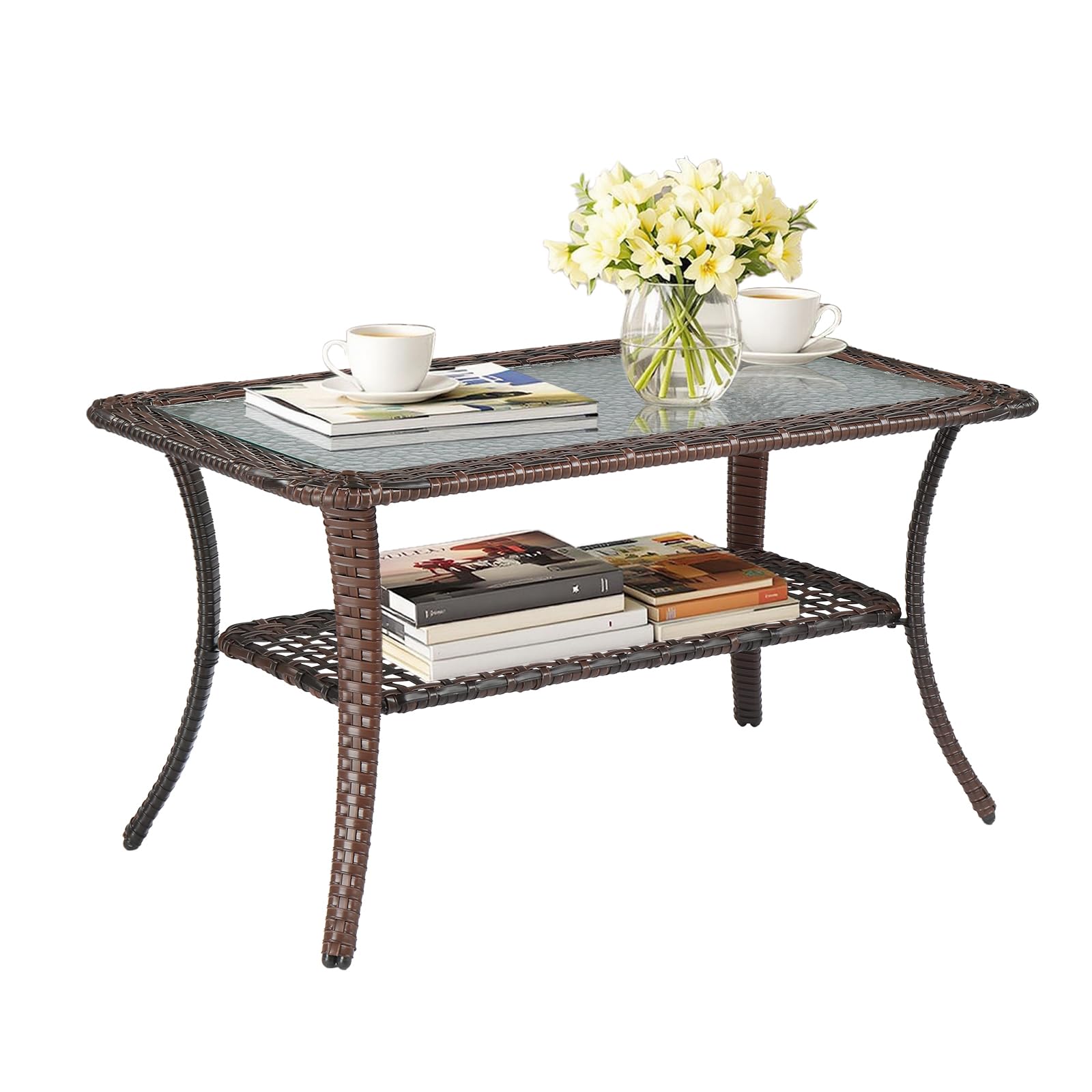VINGLI Outdoor Coffee Table with Storage Wicker Patio Coffee Table, Tempered Glass Top Coffee Table for Patio Outside Balcony Po