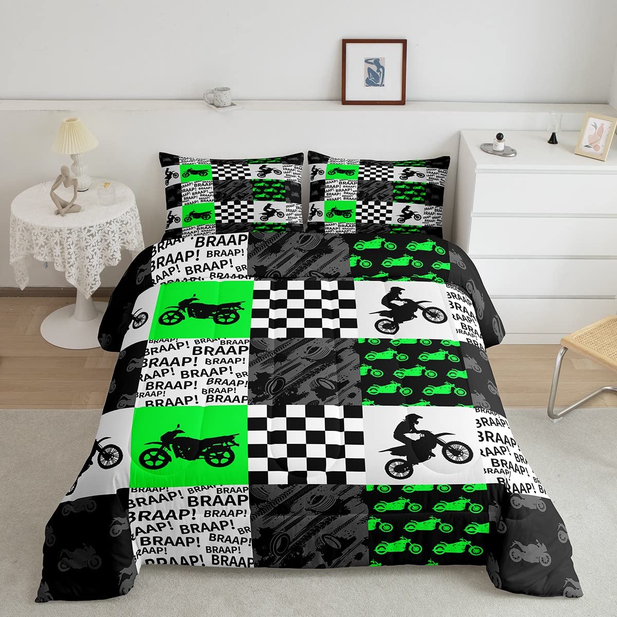Castle Fairy Motorcross Rider Comforter Set Racing Dirt Bike Bedding Set Twin Size Neon Green Black Grey Patchwork Grid Quilt Se