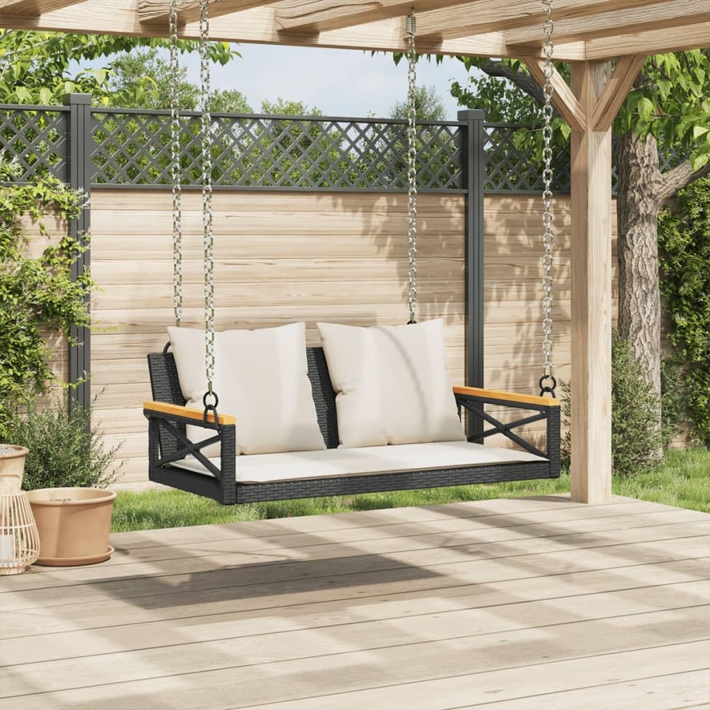 vidaXL Hanging Bench with Cushion, Black, 109 x 62 x 40 cm, Poly Rattan