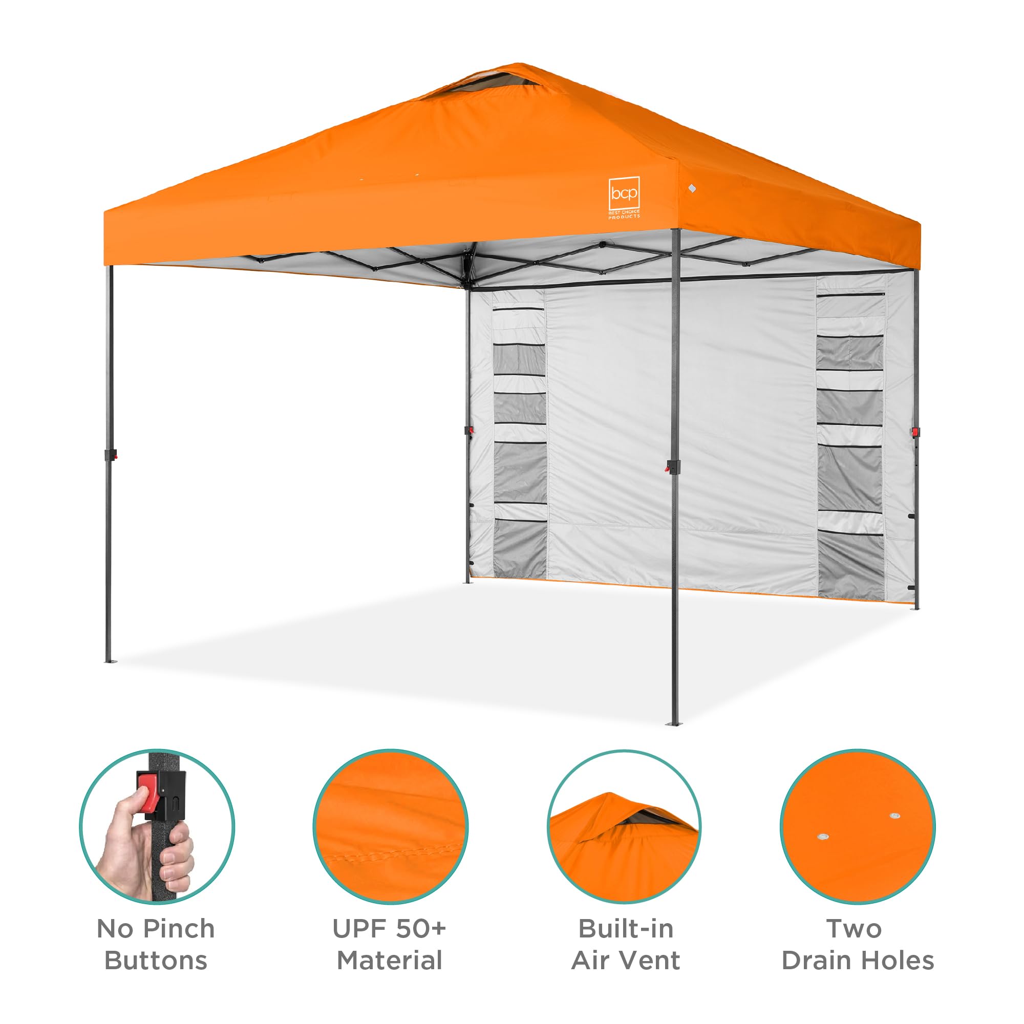 Best Choice Products 10X10Ft Easy Pop Up Canopy W/Side Wall, 10 Pockets, Portable Carrying Case, 1-Button Setup, 4 Weight Bags - Orange