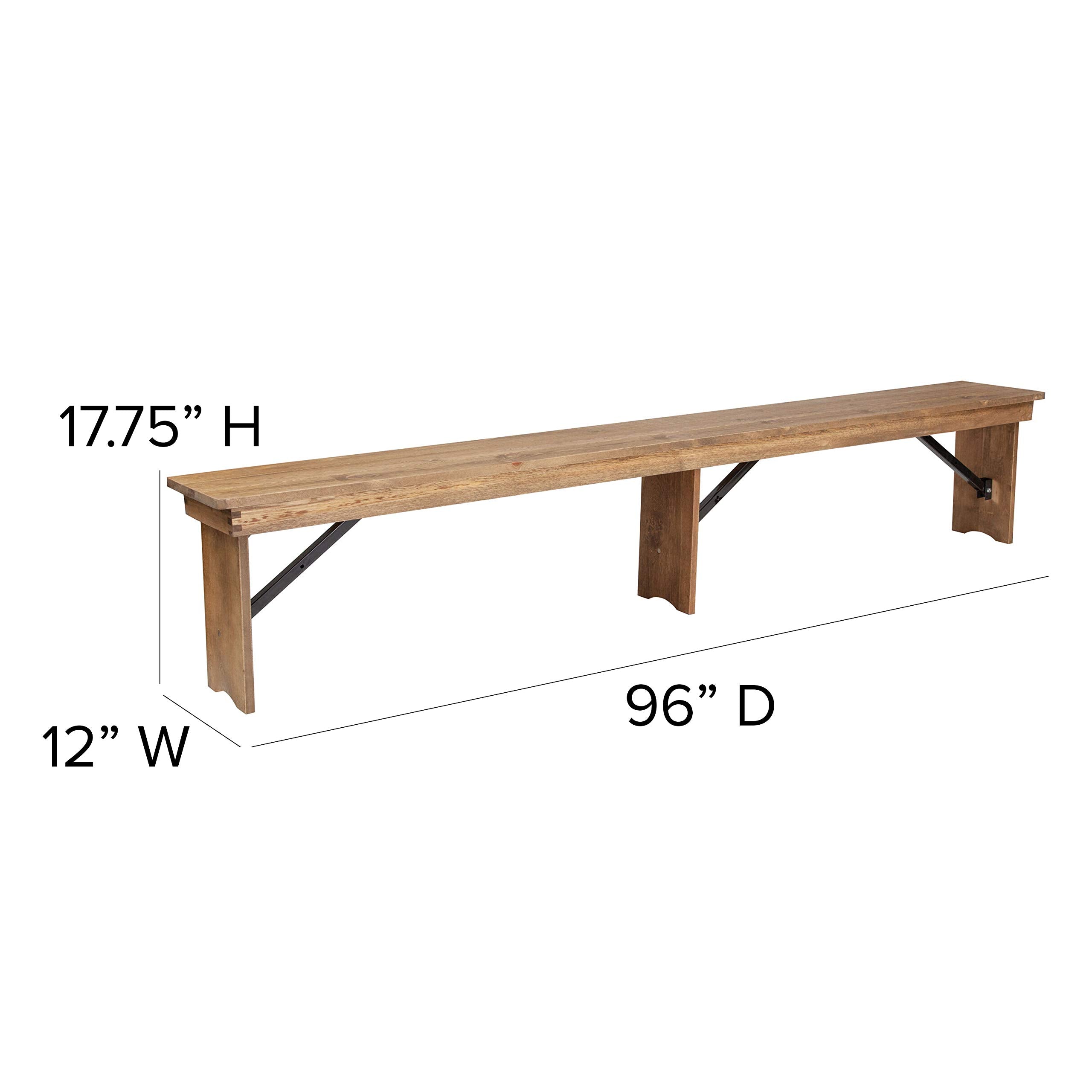 Flash Furniture Hercules Series 8' x 12' Commercial Grade Rustic Solid Pine Folding Bench, Antique Farmhouse 3 Leg Dining Bench, Seats up to 4 Adults
