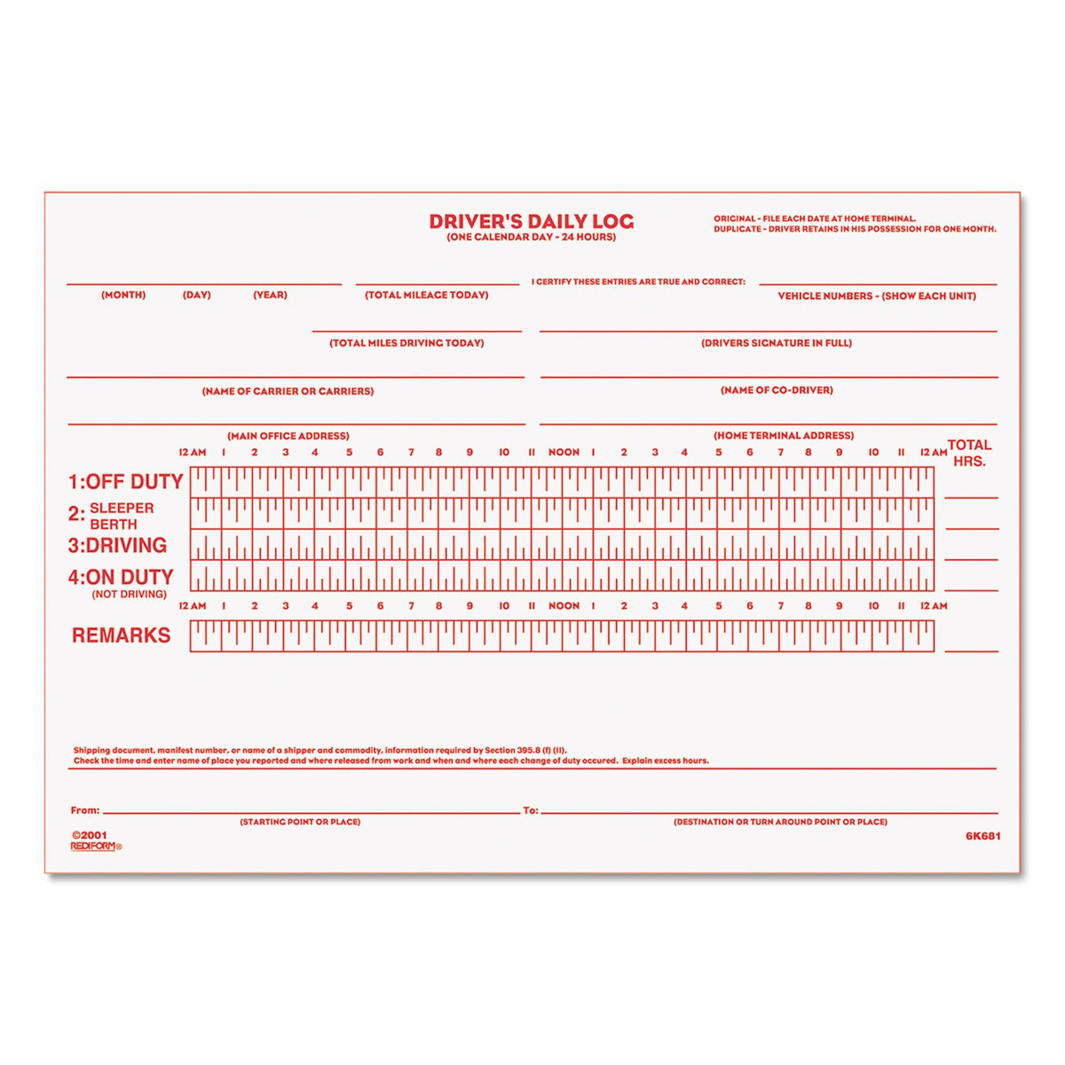 Rediform Driver'S Daily Log Book, Carbon, 2 Part, 5.5 X 7.875 Inches, 31 Forms (6K681)