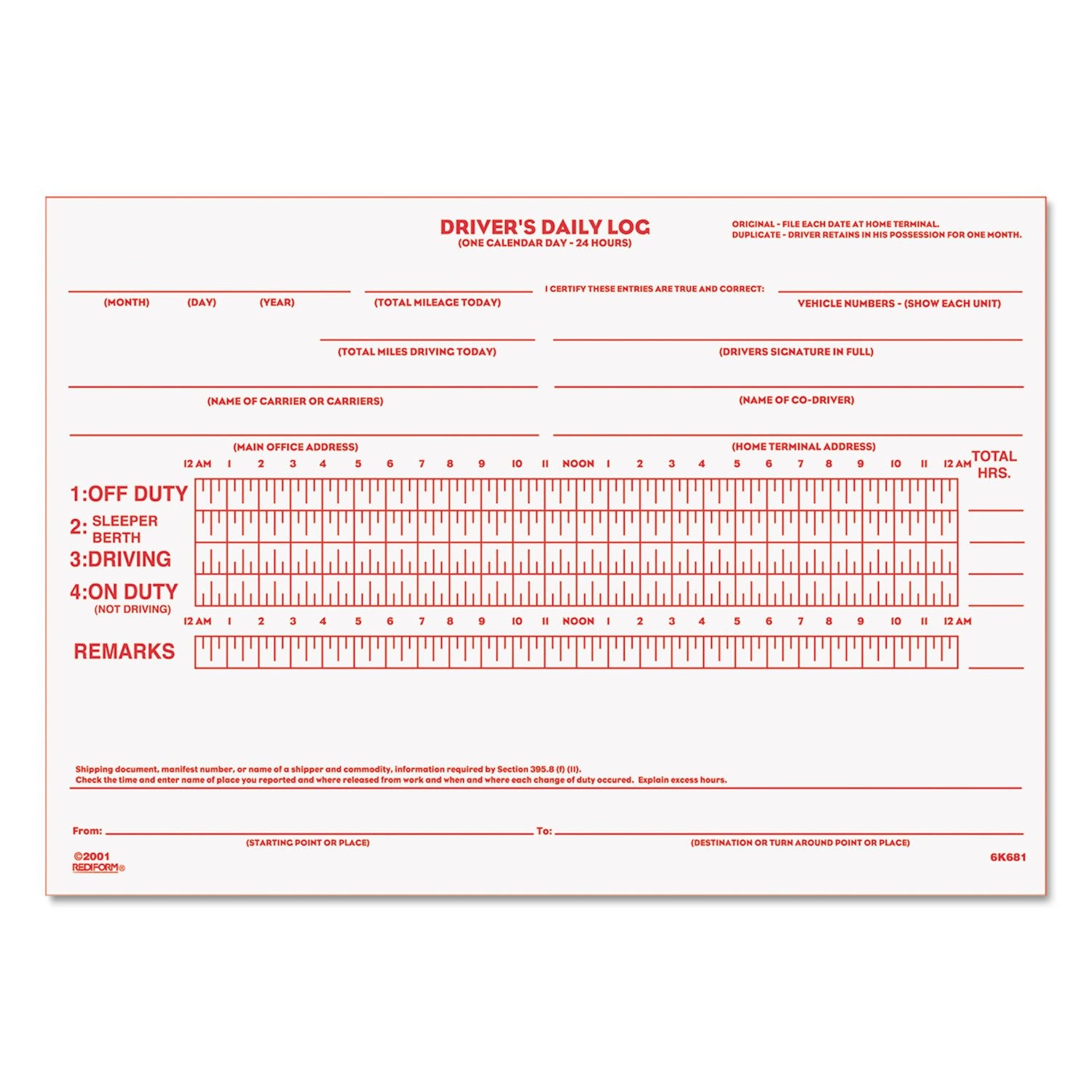 Rediform Driver'S Daily Log Book, Carbon, 2 Part, 5.5 X 7.875 Inches, 31 Forms (6K681)