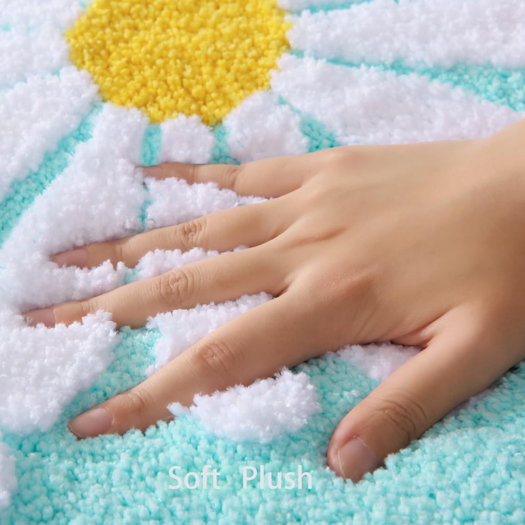 Qjhomo Toilet Rugs U Shaped, Green Toilet Mat Cute Daisy Contour Bath Rug 20''X24'', Extra Thick Soft Machine Washable Toilet Ca
