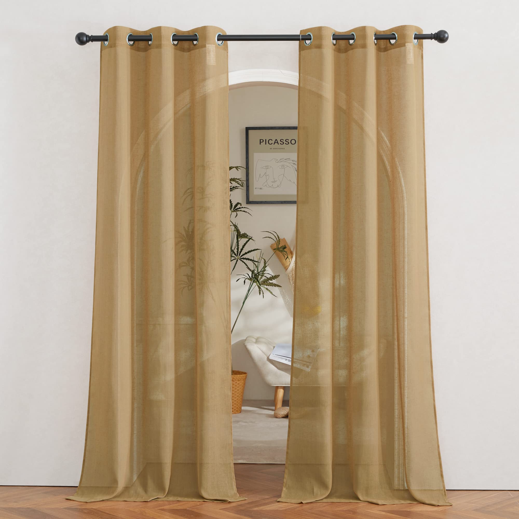 Nicetown Sheer Linen Curtains Flax Texture 84 Inch Length, Grommet Semi Sheer Window Treatments Privacy With Light Filtering Dra