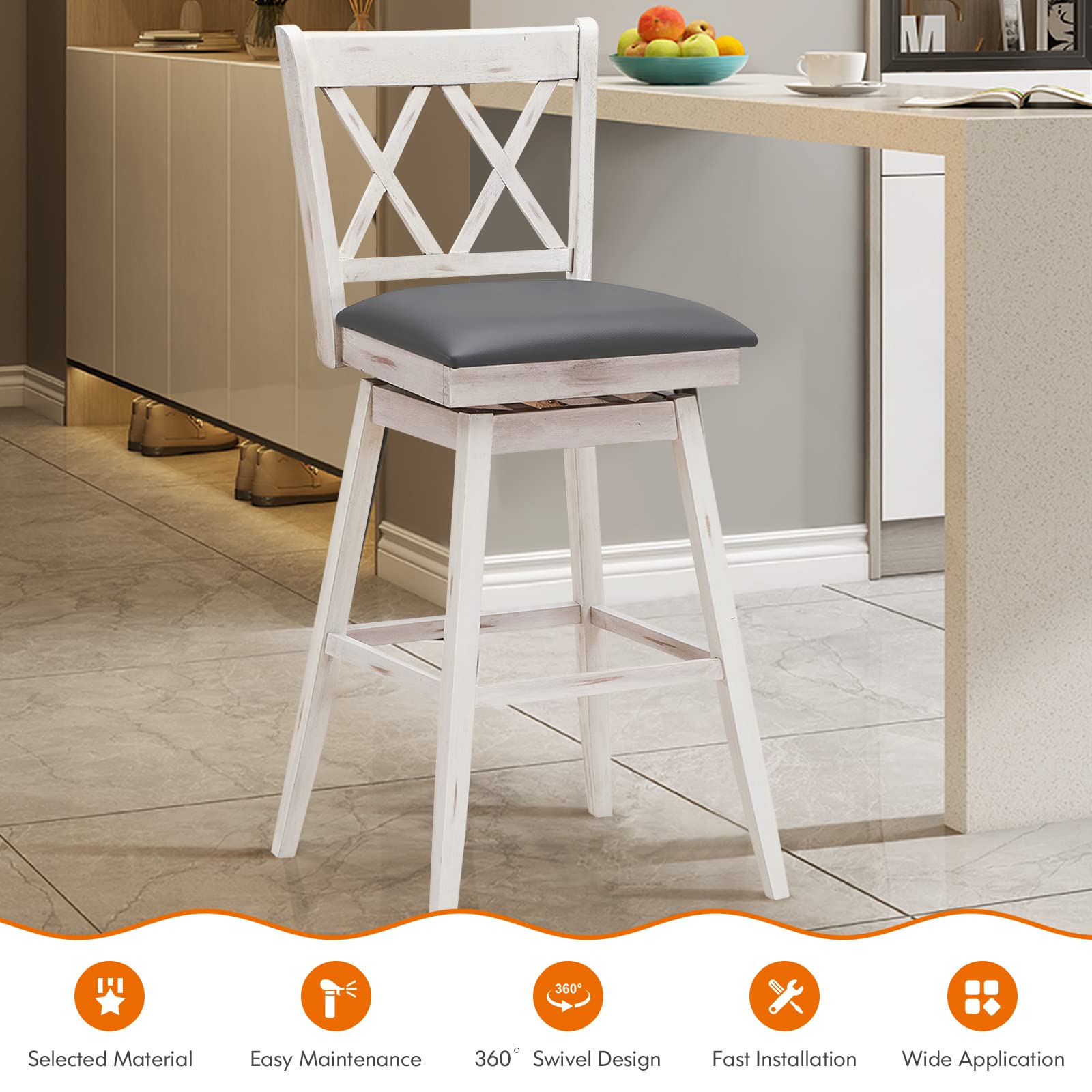 Costway Bar Stool Set Of 4, 360 ° Swivel Bar Height 29.5 Inch Bar Stool With Foot Rest Upholstered Cushion & Ergonomic Backrest, Sturdy Frame, For Pub, Restaurant, Home (4, Antique White + Grey)