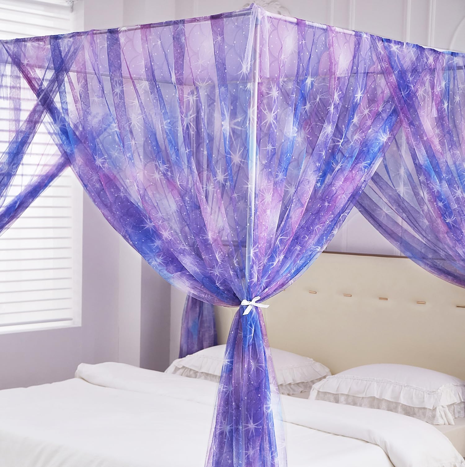 Mengersi Tie Dye Canopy Bed Curtains With Lights,Gradient Ombre Bed Canopy For Girls,Canopy For Bed Princess Bed Drapes For Girl