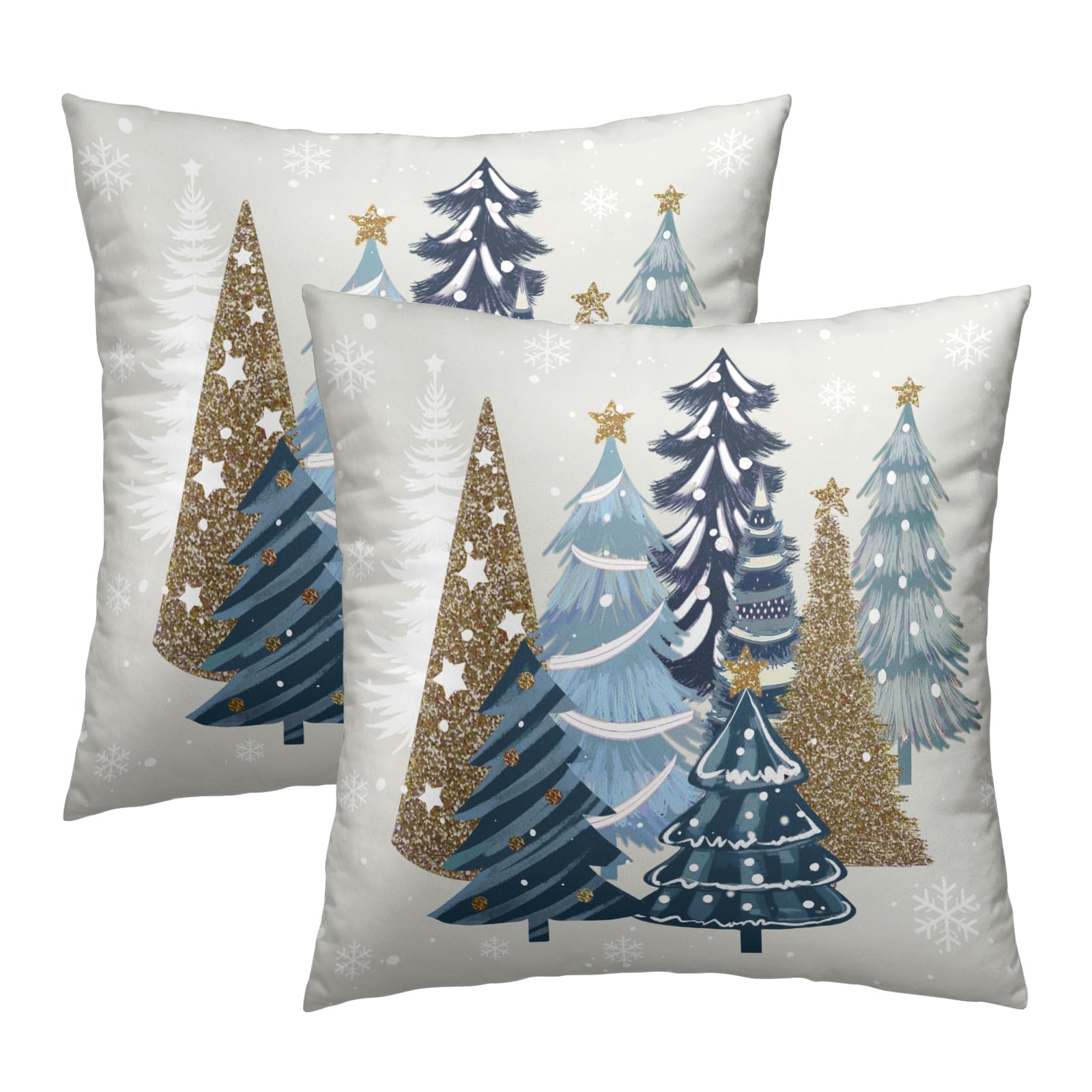 Christmas Tree Pillow Covers 20X20 Inch, Set Of 2 Xmas Blue Pine Trees Snowflakes Winter Holiday Pillowcases Square Cushion Cove