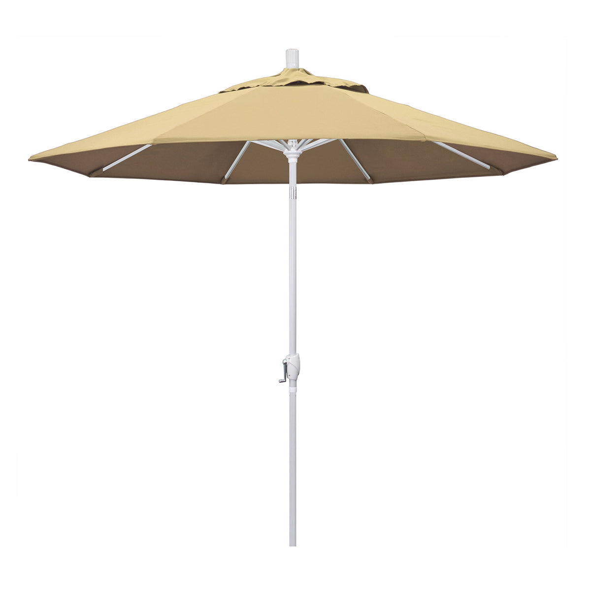 California Umbrella 9' Round Aluminum Market Umbrella, Crank Lift, Push Button Tilt, White Pole, Pacifica Beige