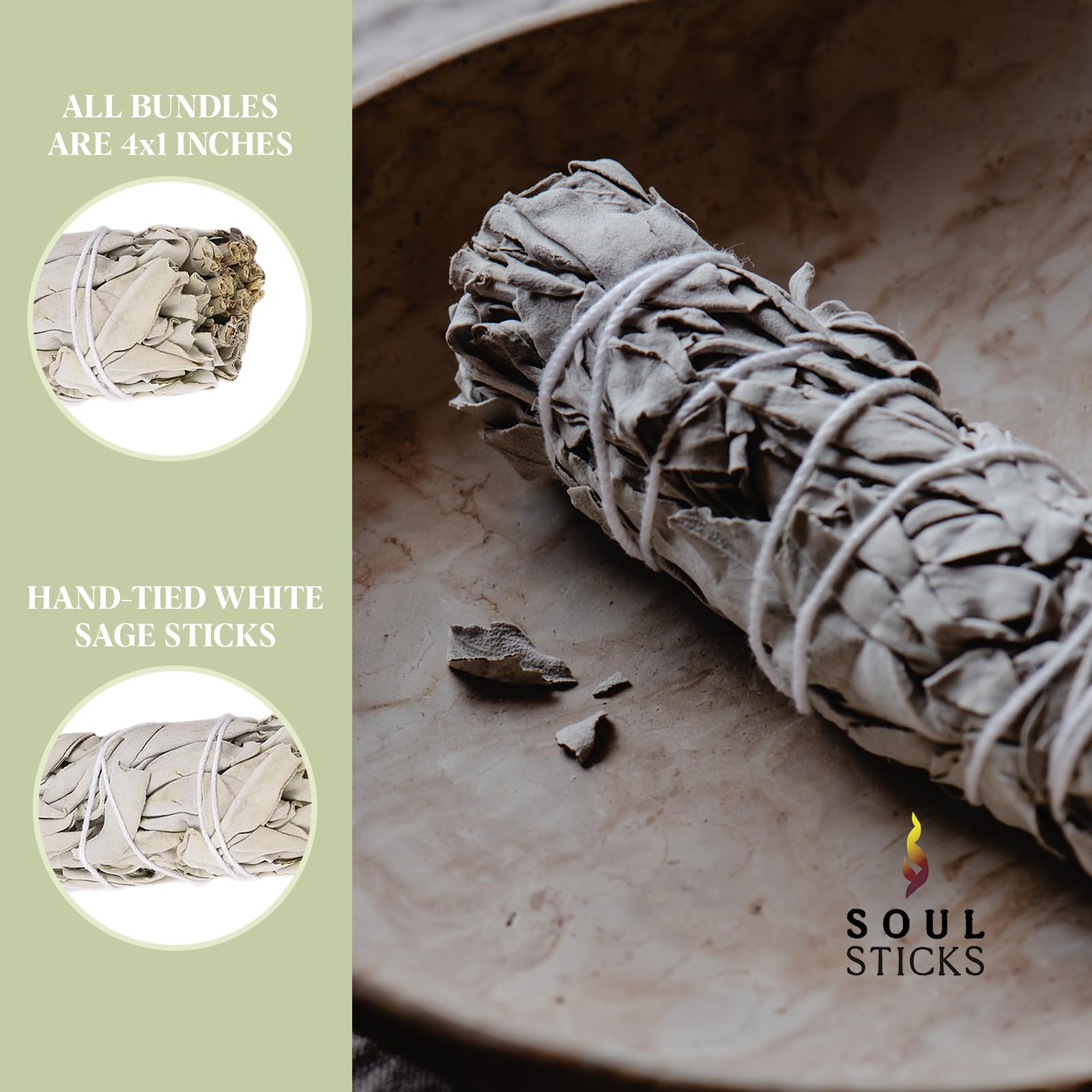 Soul Sticks 4 Inch 12 Pack Organic White Sage Smudge Smudging Sticks | Bulk Quantities For Home Cleansing, Good Energy Meditatio