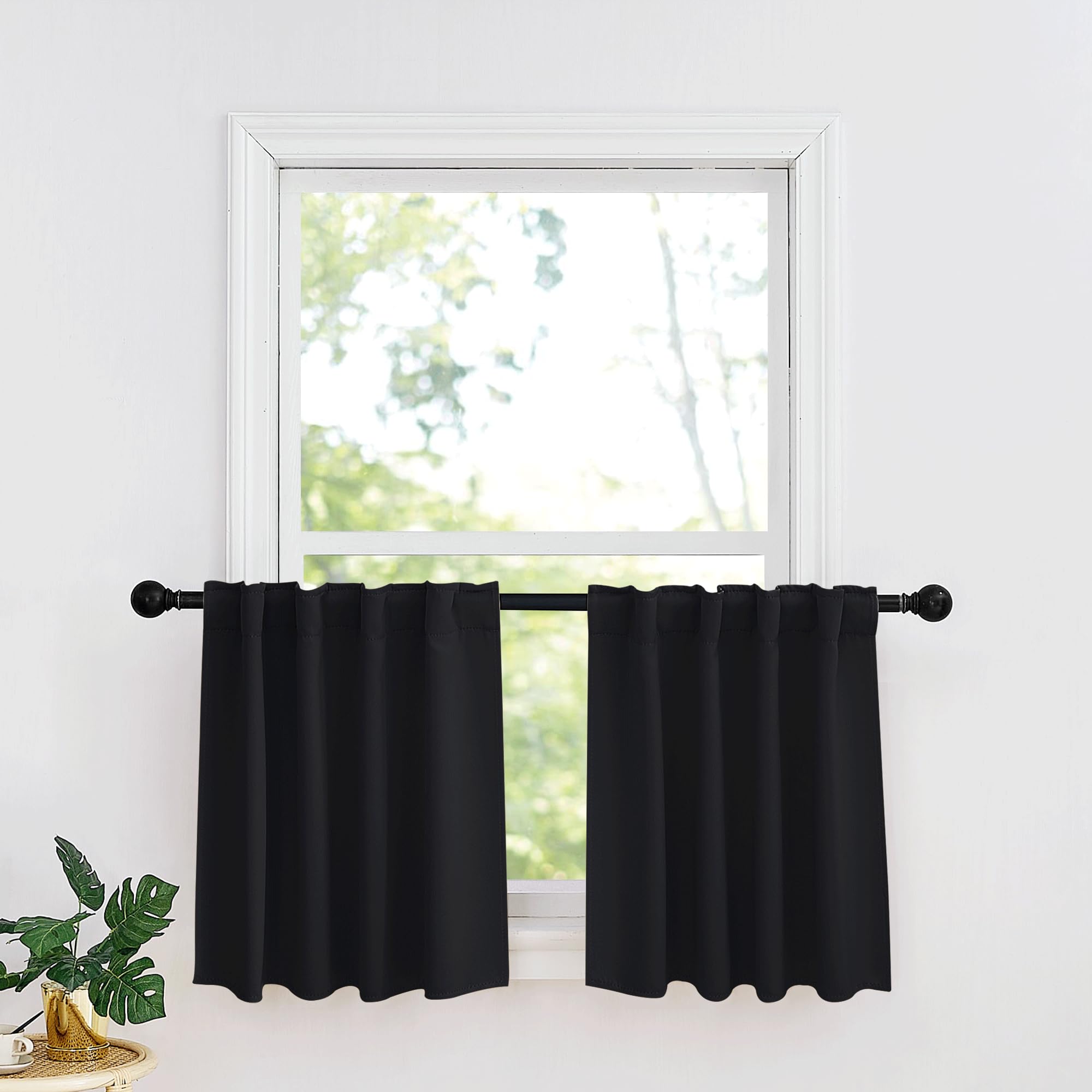 Ryb Home Kitchen Window Curtains - Blackout Privacy Half Window Curtains For Bedroom Bathroom Dining Living Room Cafe Office Short Tiers Drapes, W 34 X L 36 Inches, 2 Panels, Black