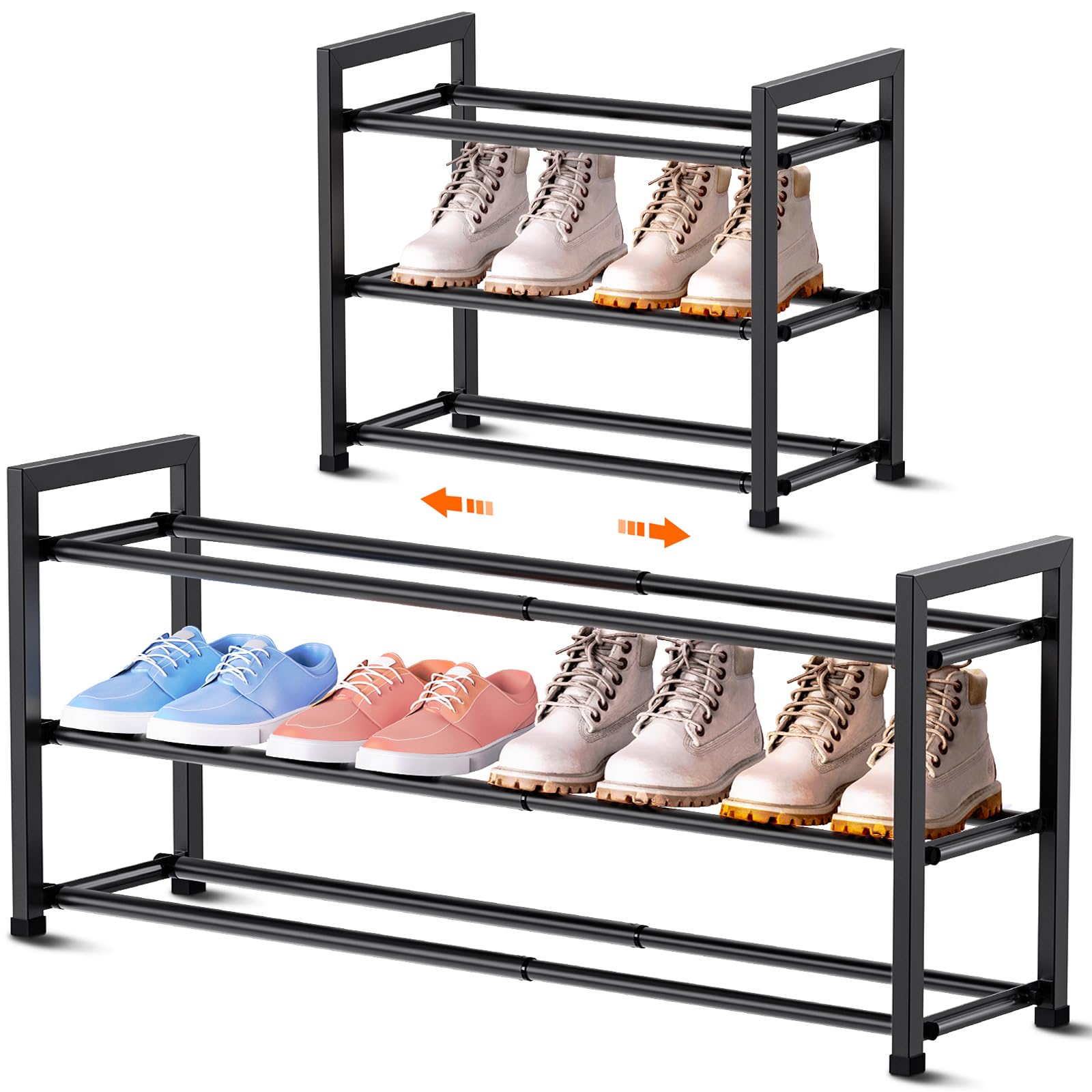 Bumusty 3-Tier Expandable Shoe Rack For Closet, 18-33    Adjustable Shoe Rack For Small Space, Small Shoe Organizer For Front Do