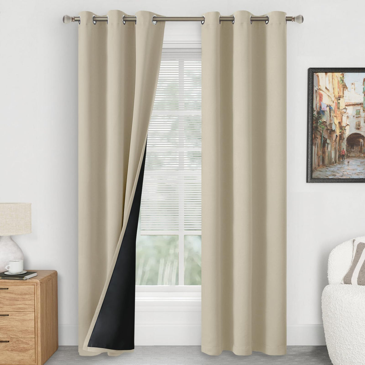 Quemas Beige Blackout Curtains 84 Inch Length 2 Panels Set For Living Room, Thermal Insulated 100% Light Blocking Soundproof Gro