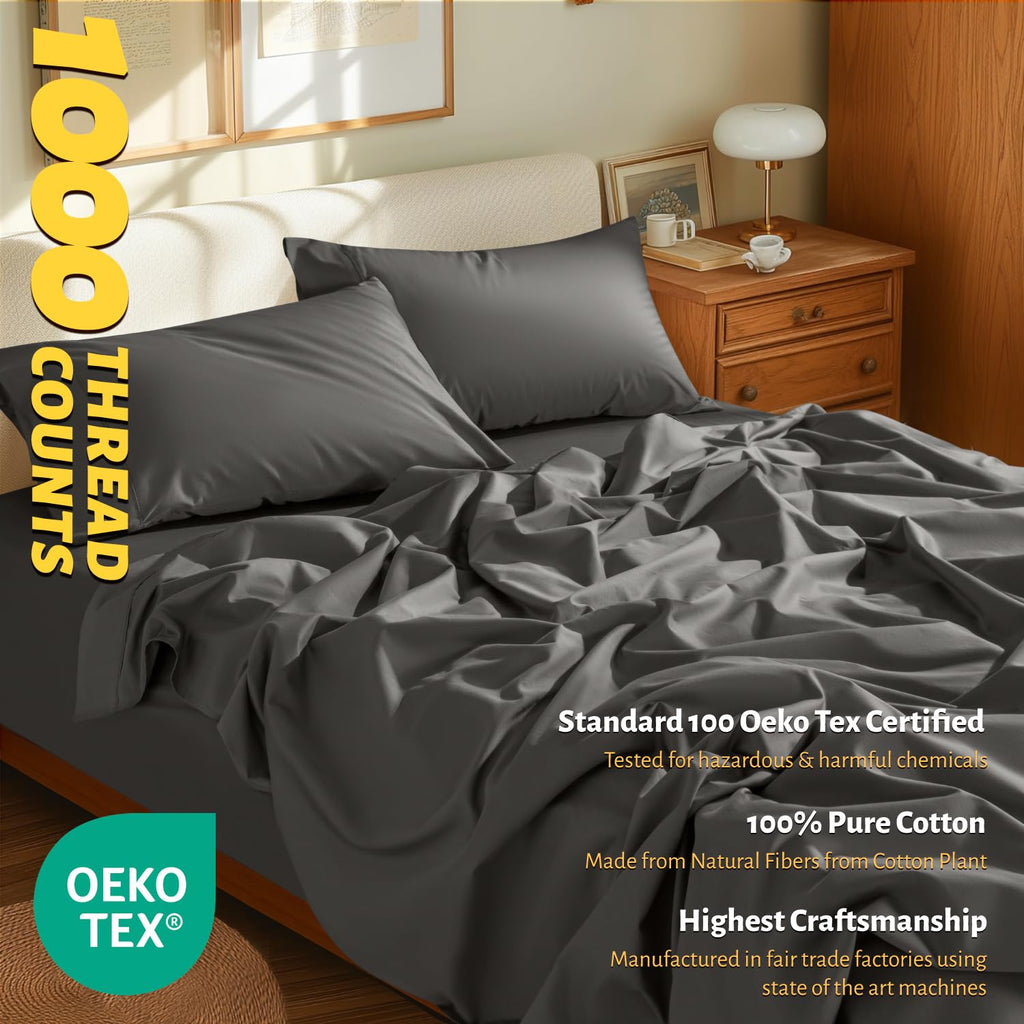 Shilucheng 100% Egyptian Cotton Sheets Set - 1000 Thread Count,Luxury Cotton Bed Sheets,Breathable & Cooling Bedding And Pillow Cases, 16 Inch Deep Pocket - 4 Piece (Dark Grey, Full)