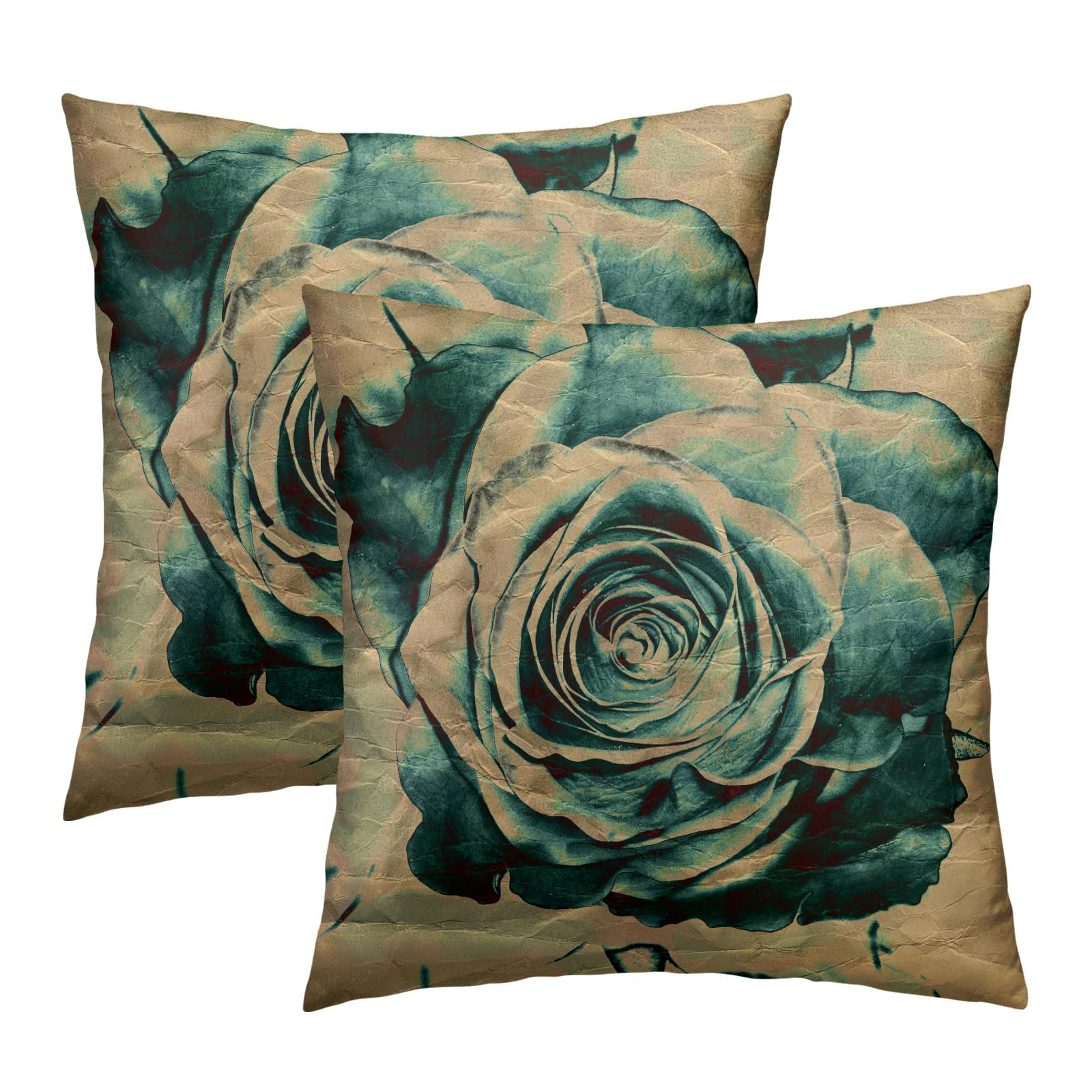 Cafl Vintage Inkblots Rose Throw Pillow Covers Green Art Floral Square Pillowcases Cushion Cover 18X18 Inch For Room Sofa Chair
