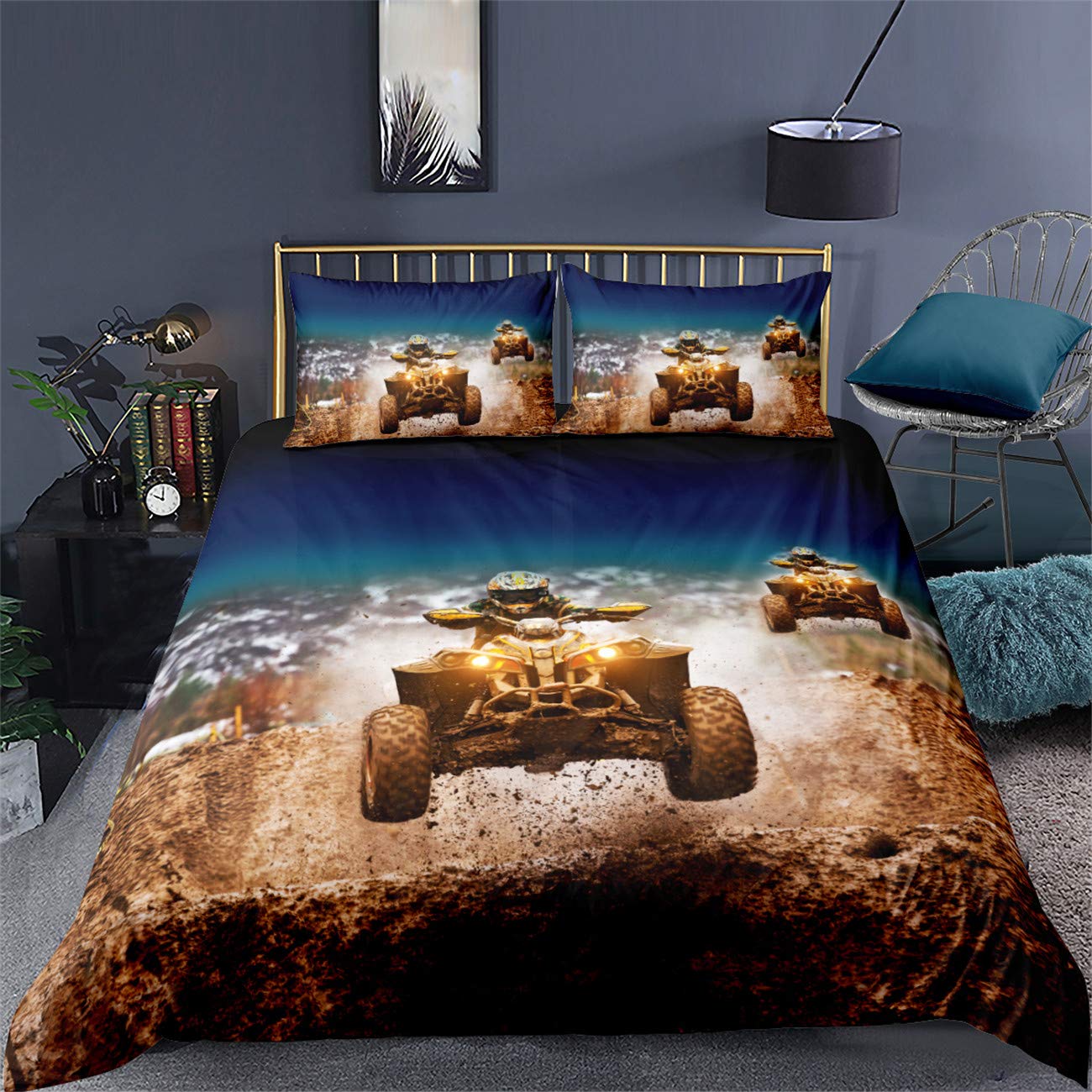 Amtan 3D Duvet Cover Dirt Bike Motocross Racing Bed Set 3Pcs 100% Superfine Fiber Bedding Set Great Gift For Kids Boys Teens 1 D