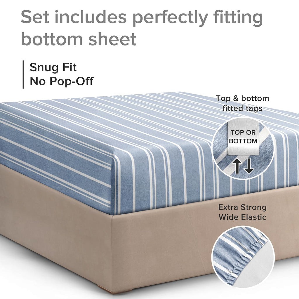 Queen Size Fitted Bed Sheet - Hotel Luxury Single Fitted Sheet Only - Fits Mattress Up To 16 - Extra Soft, Wrinkle Free, Breathable Sheets - Bottom Fitted Sheet - Blue Stripes Single Fitted Sheet Only