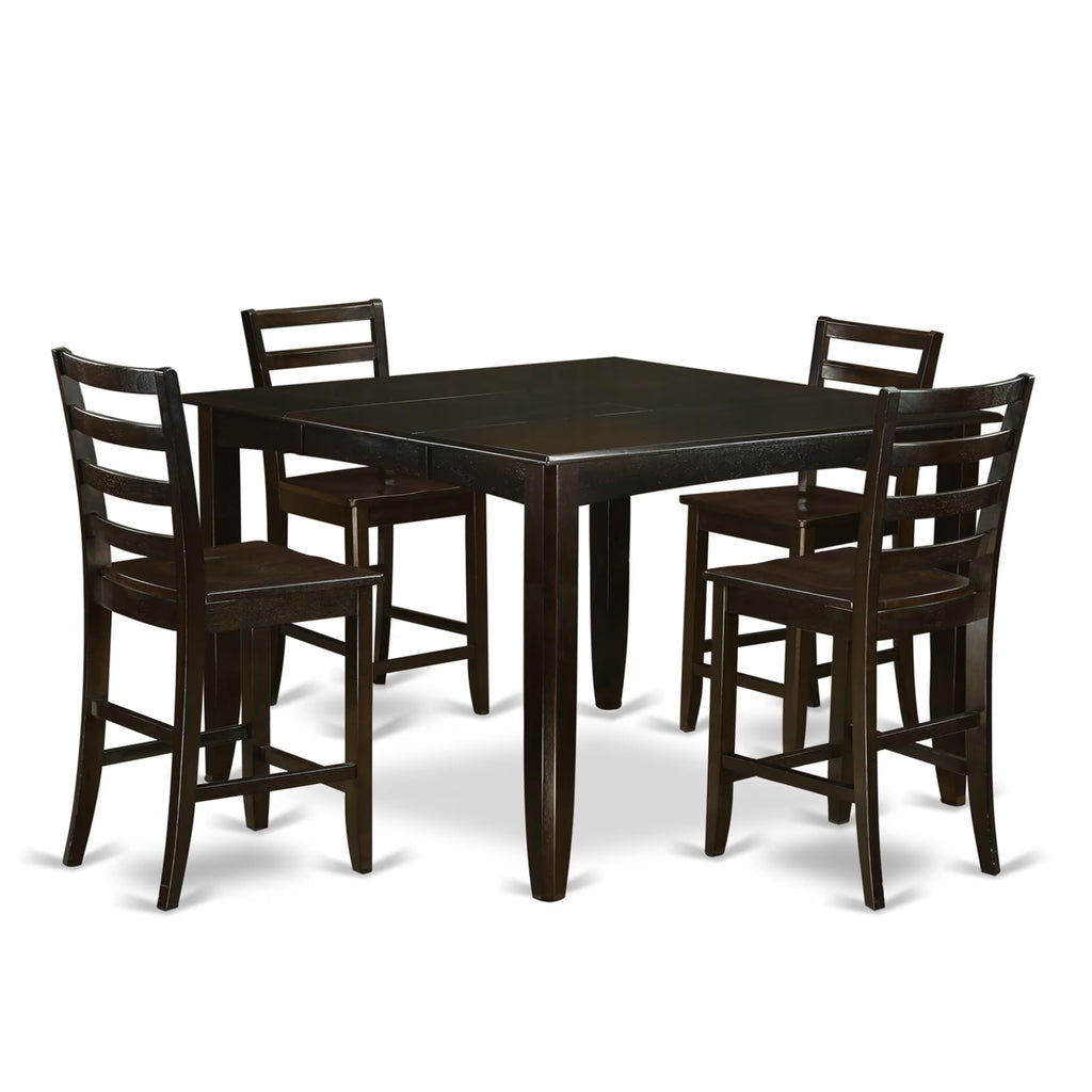 East West Furniture FAIR5-CAP-W 5 Piece Counter Height Dining Set Includes a Square Dining Table with Pedestal and 4 Kitchen Chairs, 54x54 Inch, Cappuccino