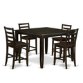 East West Furniture FAIR5-CAP-W 5 Piece Counter Height Dining Set Includes a Square Dining Table with Pedestal and 4 Kitchen Chairs, 54x54 Inch, Cappuccino